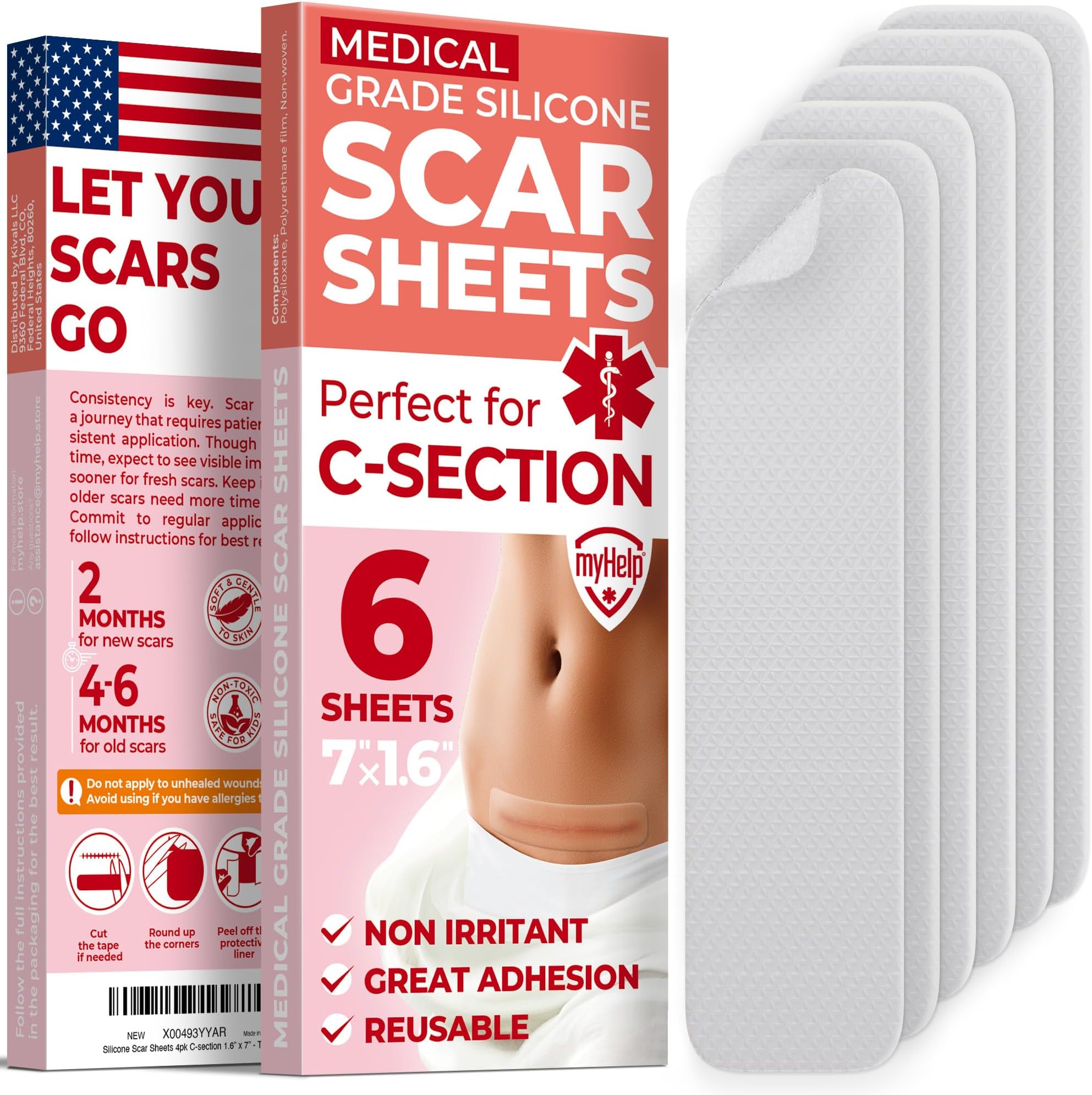 Medical Grade Silicone Scar Sheets - Transparent - 6pk (7”x1.6”) - Visible Difference on C-Section Scars - Reusable Silicone Sheets for Scars - Easy to Use C Section Scar Silicone Strips