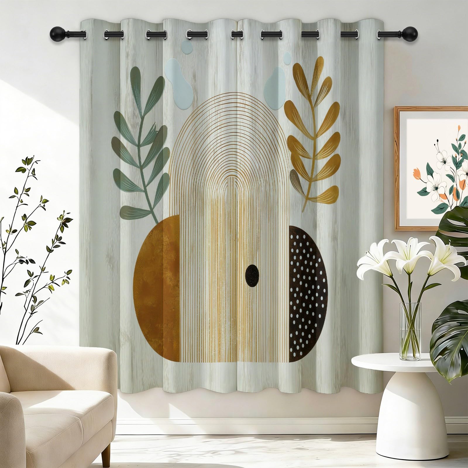 Minimalist Boho Geometric Arches 100% Blackout Drapes W 66" x L 90" (2 Panels), Noise Reducing Heavy Thermal Fabric for Conservatory, Tan Brown