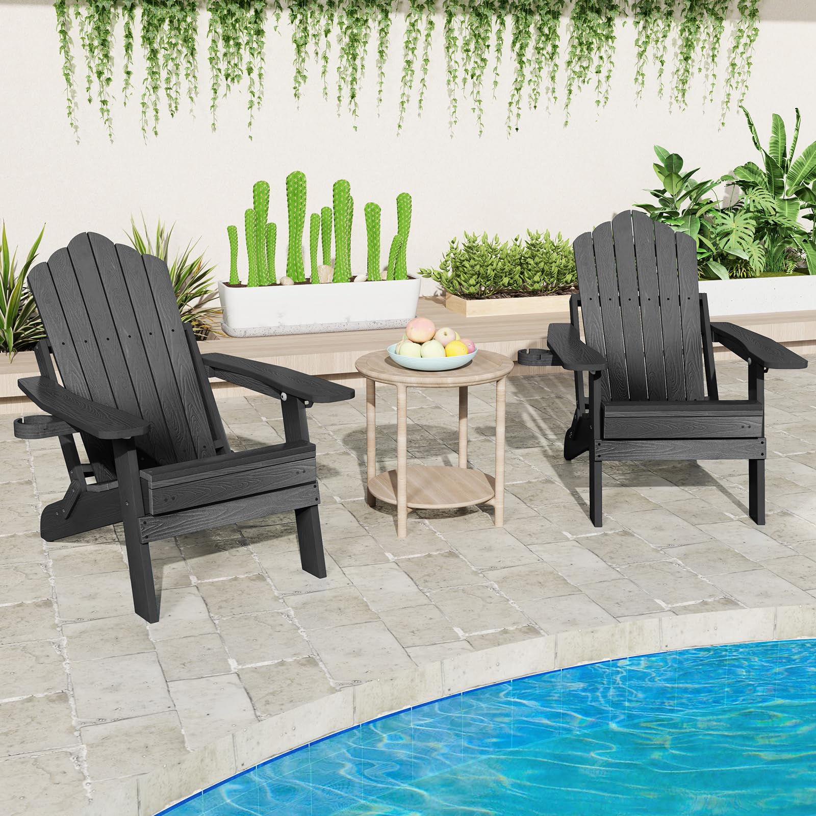 GOPLUS Silla Adirondack Ajustable, Tumbona Plegable de 4 Posiciones con Escabel Retráctil, Silla de Hips para Todo Clima con Portavasos, Tumbona Jardín Exterior de Listones para Terraza Piscina Patio