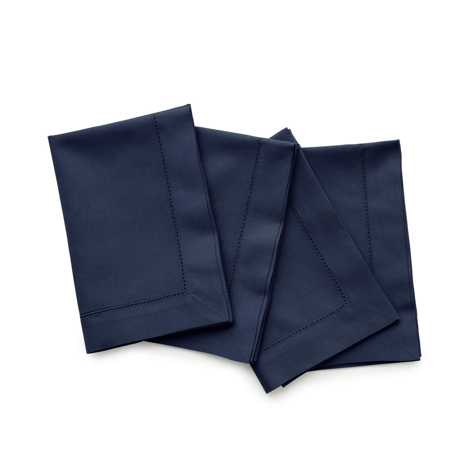Solino Home Navy Napkins Set of 4 - Cotton Linen Hemstitch Dinner Napkins Cloth 20 x 20 Inch for Fall, Autumn, Thanksgiving - Handcrafted and Machine Washable
