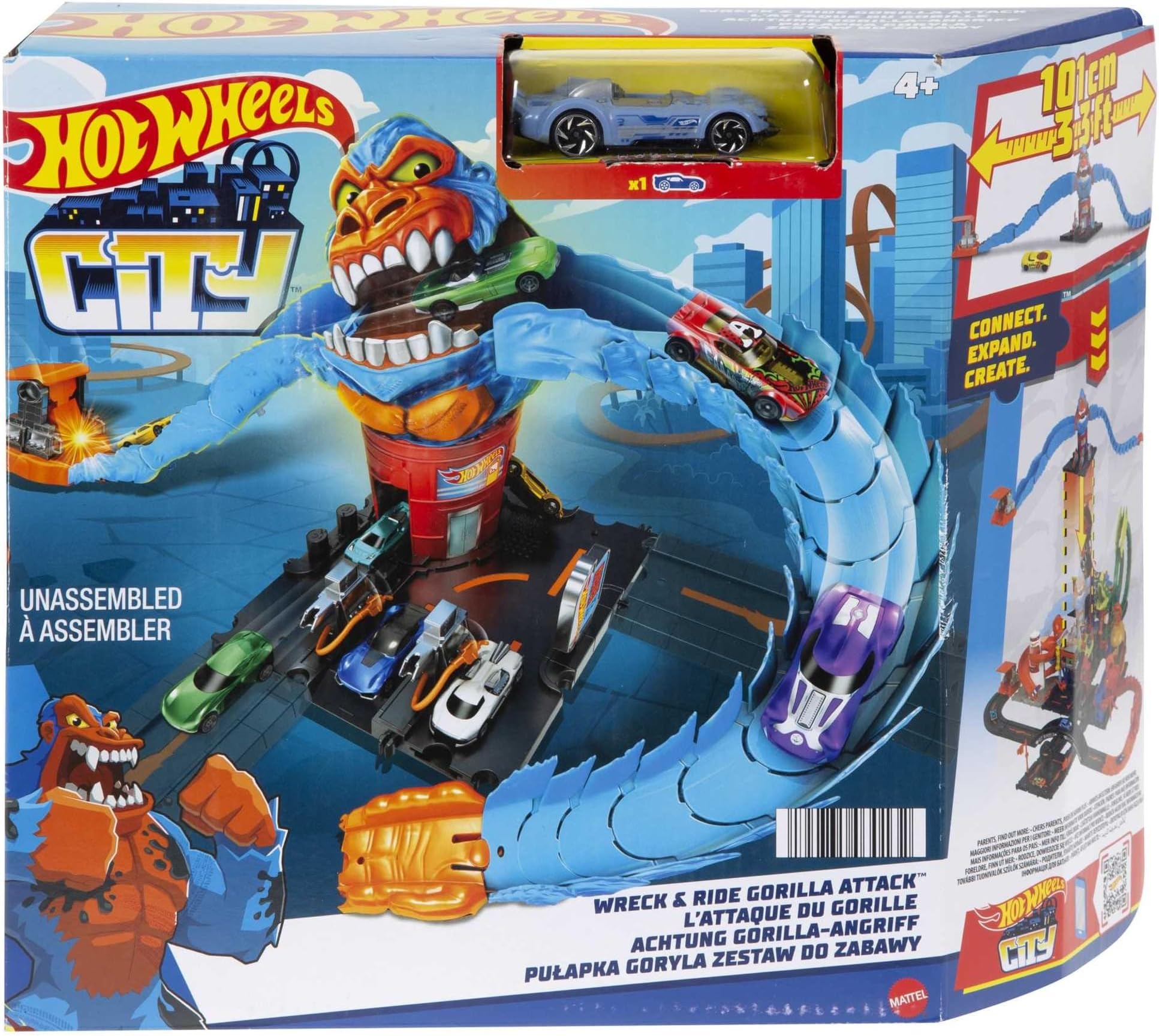 City Wreck & Ride Gorilla Attack with 1 Hot Wheels Car, Connects to Other Sets, Gas Station-Themed Set, Gift for Kids 4 to 8 Years Old, HDR30