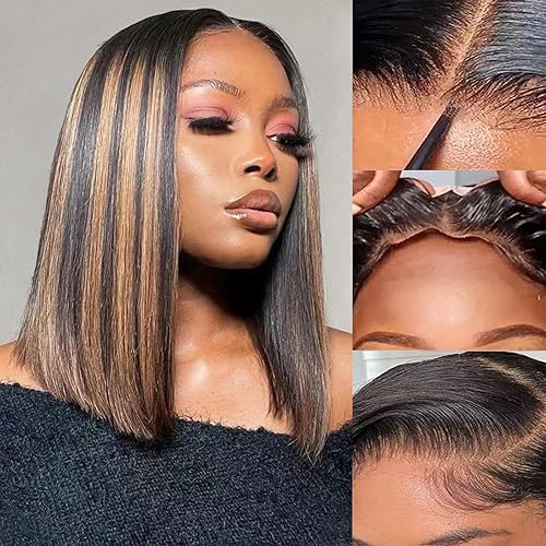 NAYUMI - Peluca de cabello humano degradado estilo Bob sin pegamento, peluca de encaje frontal de 13 x 4 para mujer, peluca de encaje frontal negra