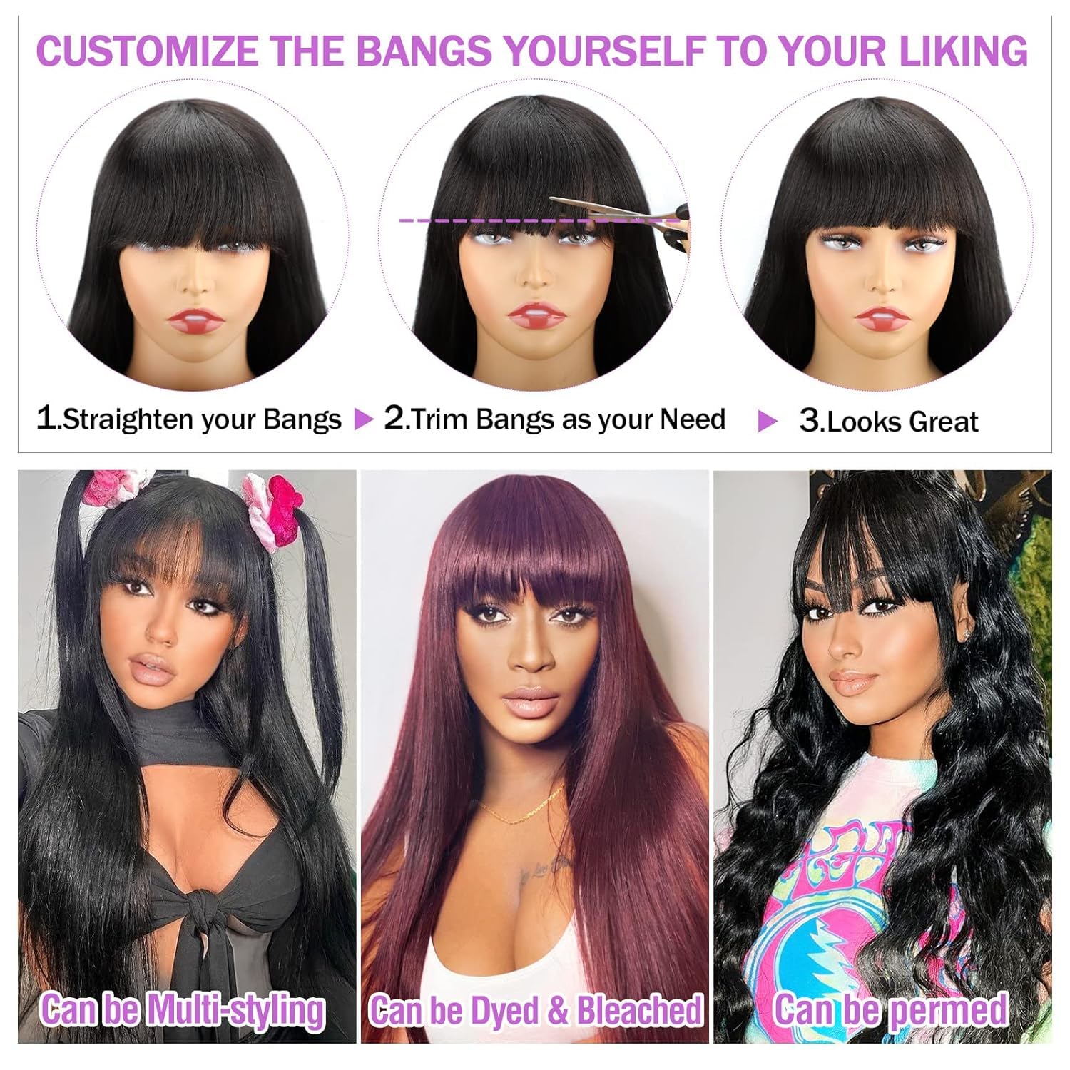 Amazon.com : Lzlefho Straight Wigs Human Hair with Bangs 180  display picture 1