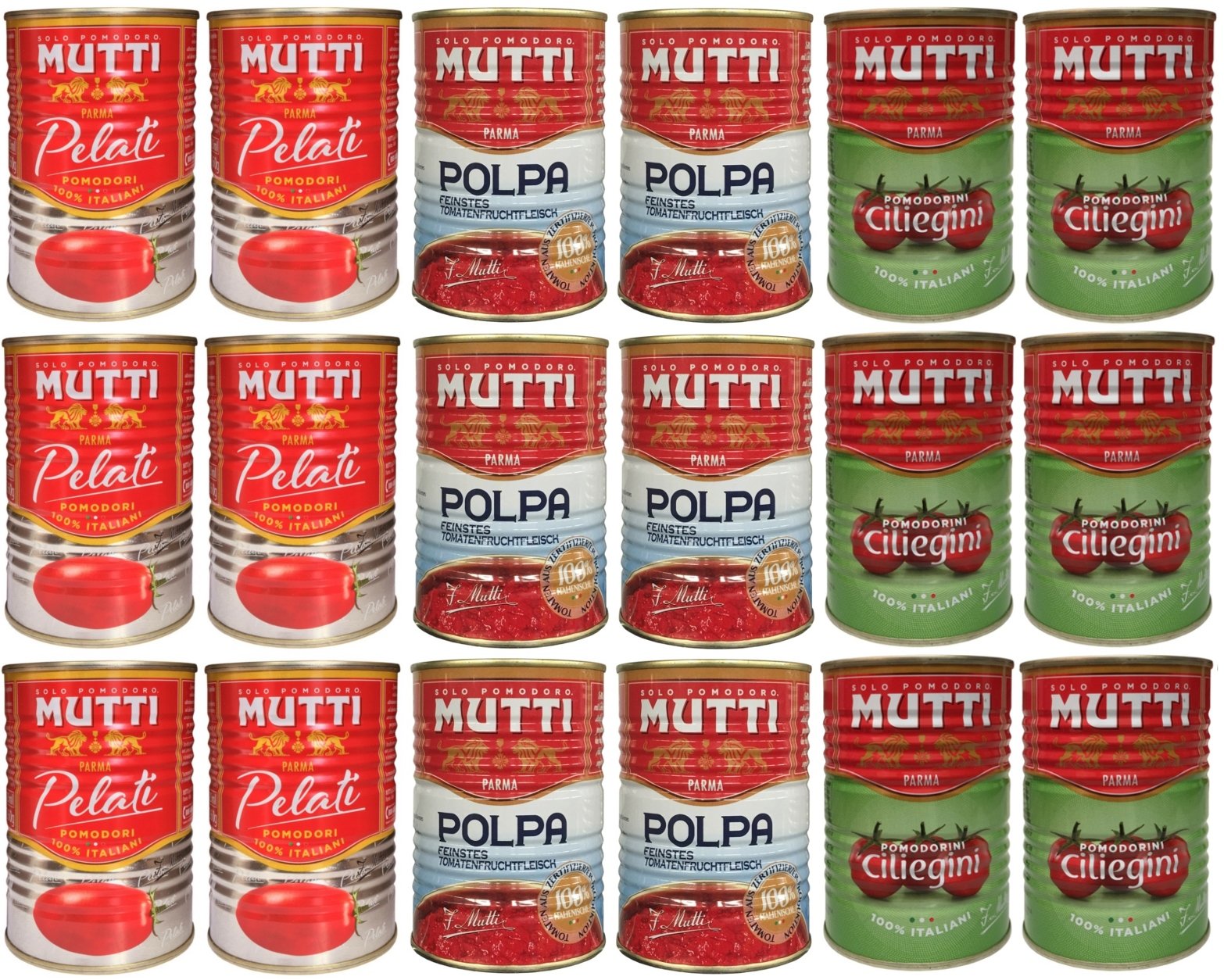 MUTTI Pacchetto – Pomodorini Ciliegini / Pomodorini (6 x 400 g) + Pomodori Pelati / Pomodori Pelati (6 x 400 g) + Polpa/carne di pomodoro fine (6 x 400 g)