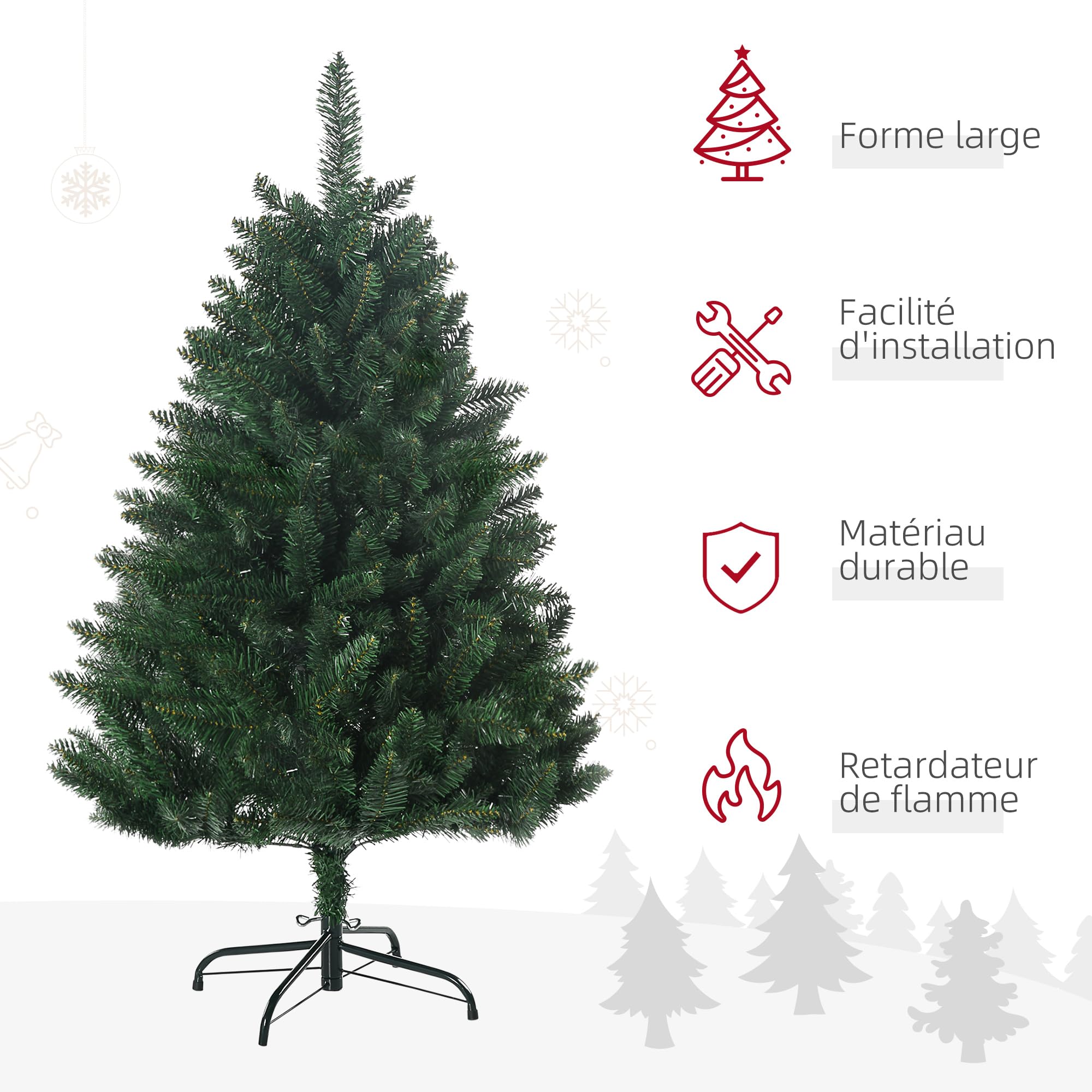HOMCOM Sapin de Noël Artificiel 120H cm Pied Croix Acier Amovible Vert