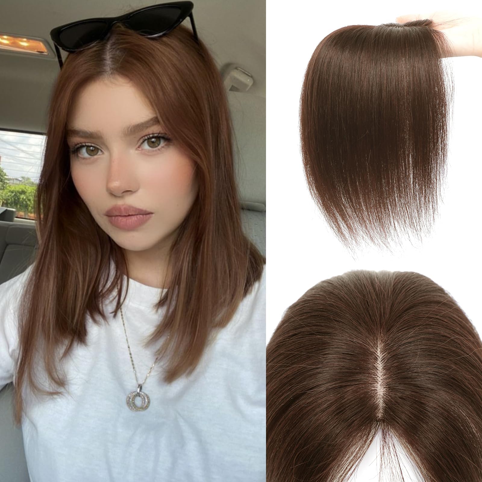 Hair Toppers for Women Real Human Hair, 360° 3D Cover Side Bangs Hair Pieces for Women (Medium Brown, 2 Clips)