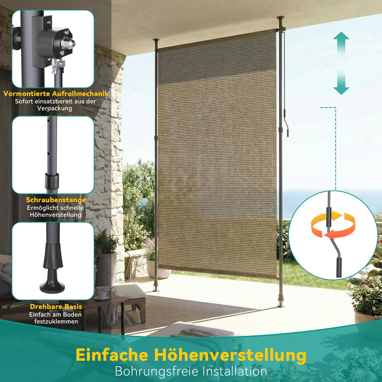 LIFERUN Store Vertical HDPE 150x310 cm Marron, Manivelle sans Perçage, Extensible Occultant, Brise-Vue, Protection Solaire, Résistant aux Intempéries pour Balcon, Terrasse, Jardin