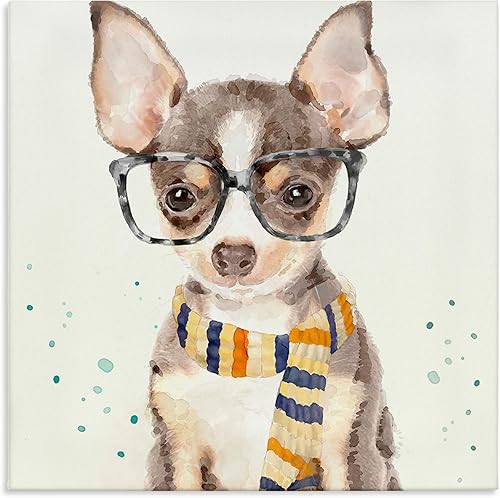 Stupell Industries Hipster Chihuahua Puppy con gafas y bufanda acuarela lienzo arte para pared, 17 x 17, multicolor