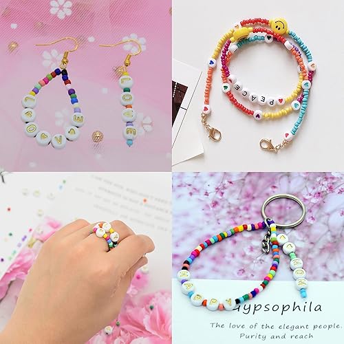 Miniatura 4 de 2220 cuentas redondas de acrílico blanco de 0.157 x 0.276 in con letras doradas clasificadas del alfabeto, cuentas con patrón de corazón, cuentas de