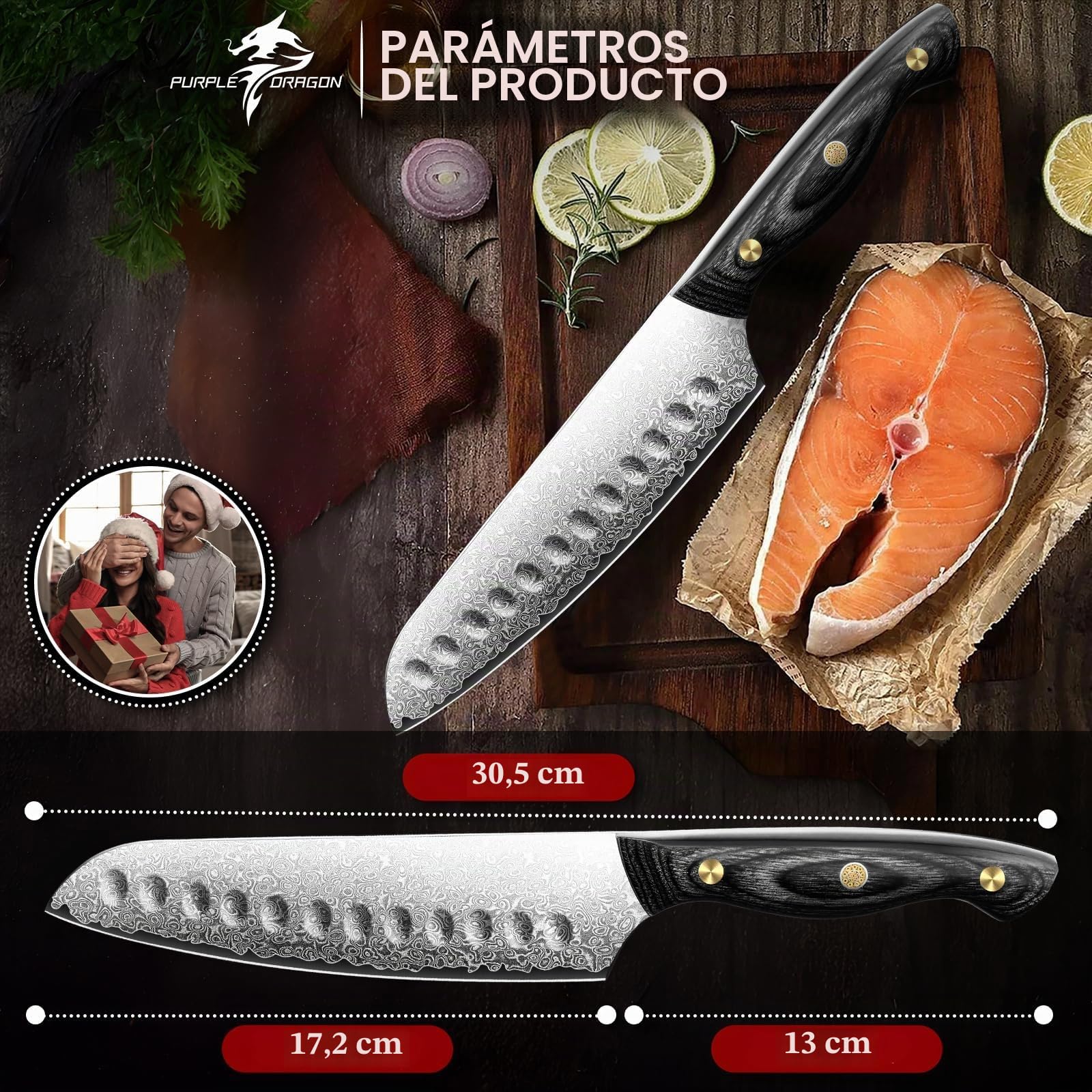 Purple Dragon Cuchillo Santoku Damasco, Acero VG10, Mango Madera Ergonómico