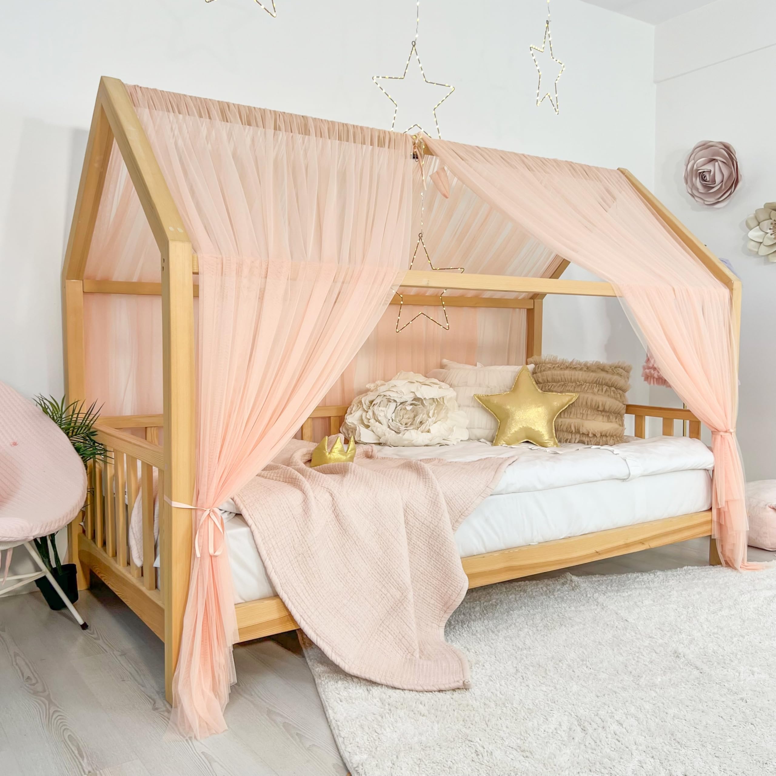 Toldo de cama estilo princesa para niñas, decoración de habitación de niños para camas Montessori, regalo de tul suave para niños pequeños (SALMON, 400 cm, juego 2)
