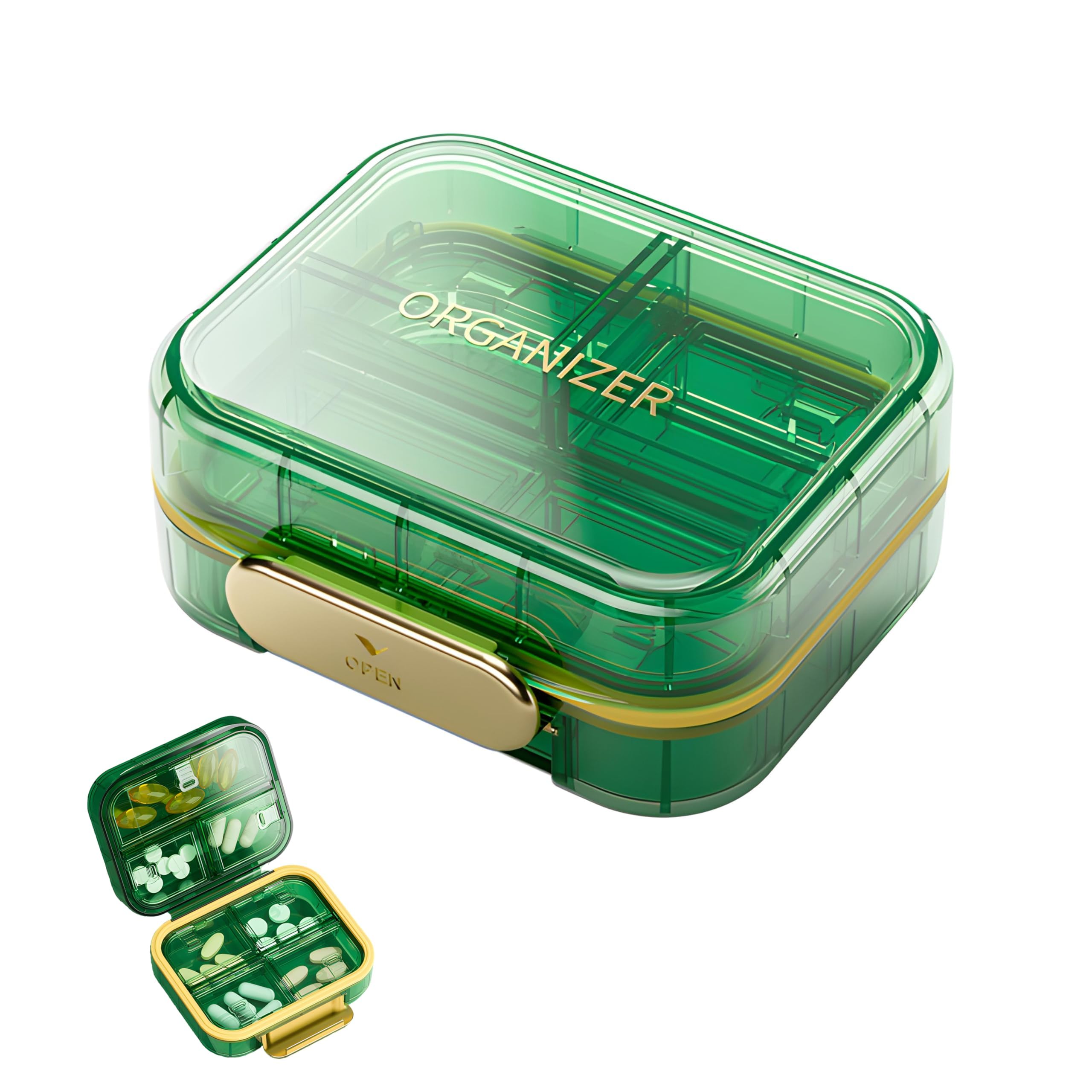 NALACAL 7 Compartments Portable Travel Pill Organizer, Moisture Proof Case for Purse, Small Container, Pocket Pharmacy, Medicine Vitamin Box, Fish Oil and Supplement Storage (Green)