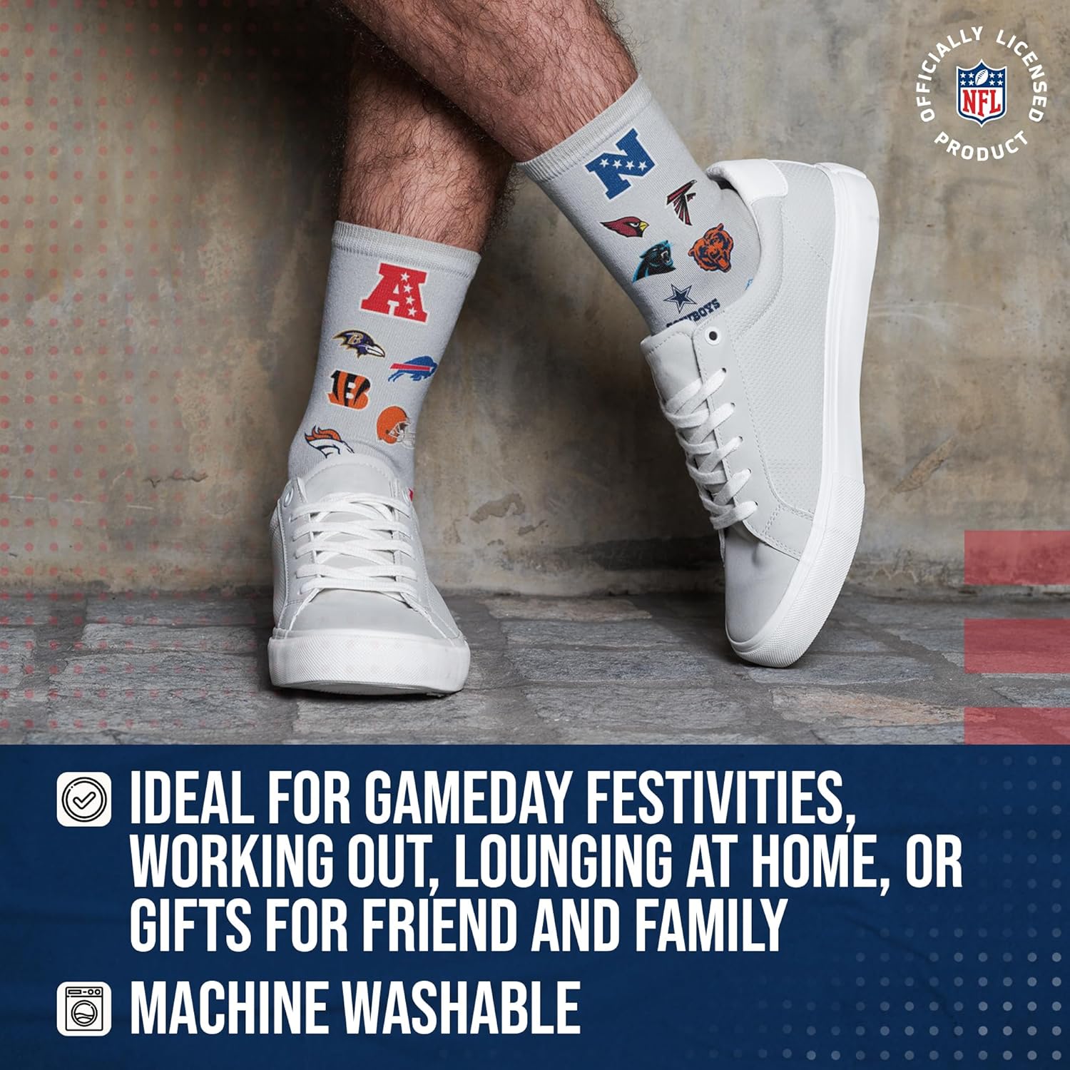 For Bare Feet Adult NFL Ultimate Fan All Over Logo Crew Socks, Unisex Footwear, Football Apparel, Montage Design