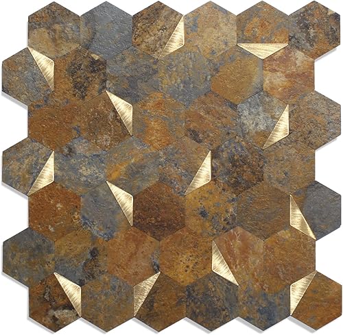 OYASIMI Azulejos hexagonales de 20 hojas para despegar y pegar, 12 x 11.34 pulgadas, azulejos de pared de PVC 3D de metal mixto de pizarra rústica