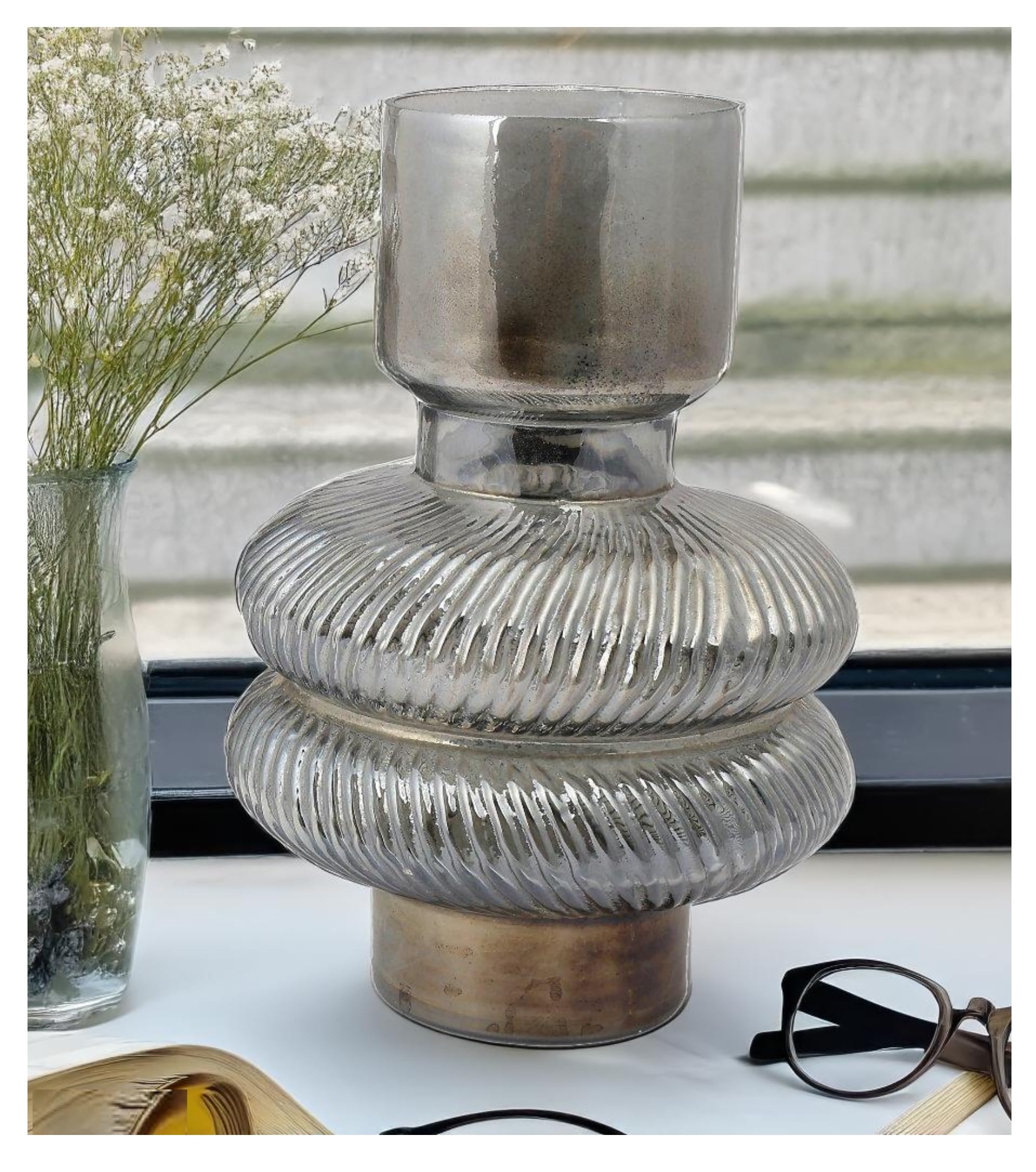 SPHINX Decorative Retro Ribbed Glass Vase For Flowers Plants Home Décor, Office Living Table Decorations, Vases for home decor, Modern Vase, Giftings- (Grey, 7 Inch-Twill)
