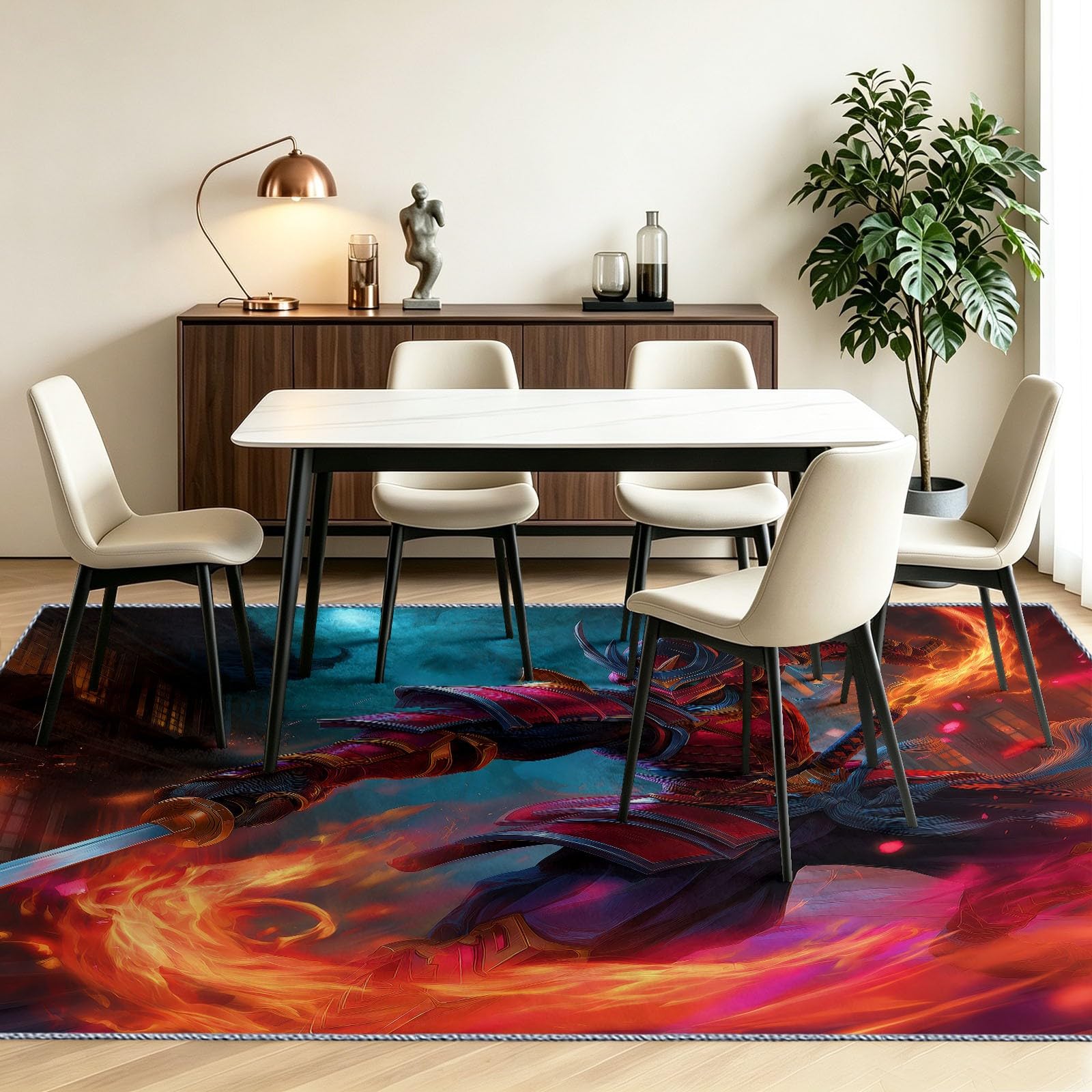 Tapis Salon Japonais Gaming 140 x 200 cm Samouraï Flamme Katana Lavable en Machine Rug | AntidéRapant Poil Ras, pour Salle de Bains, Chambre, Salle à Manger et Cuisine, Multicolore