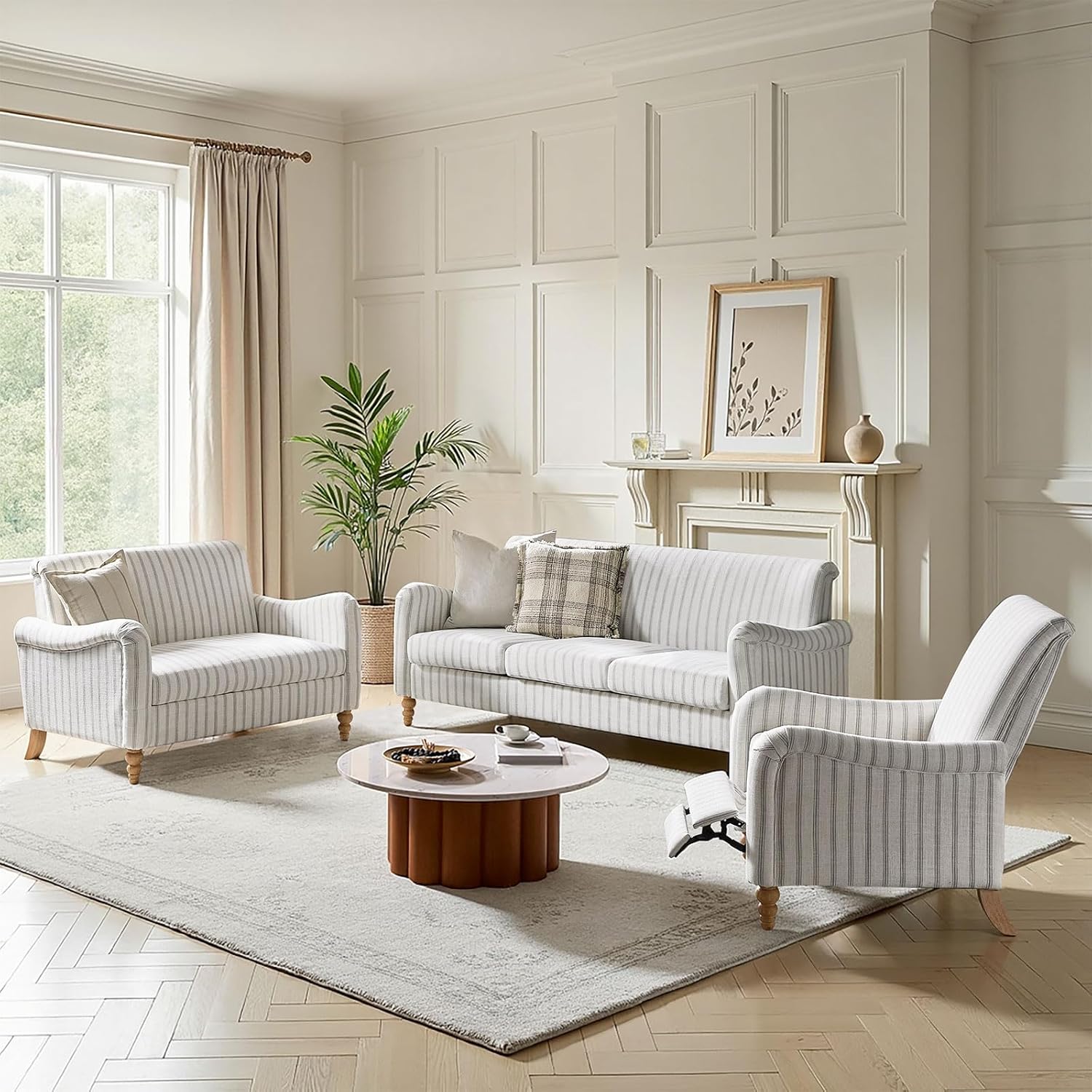 HULALA HOME Farmhouse Recliner Chair with Solid Wood Spindle Legs, Striped Push Back Recliner Armchair with Adjustable Backrest & Footrest, Comfy High Back Lazyboy Single Sofa for Living Room, Stripe
