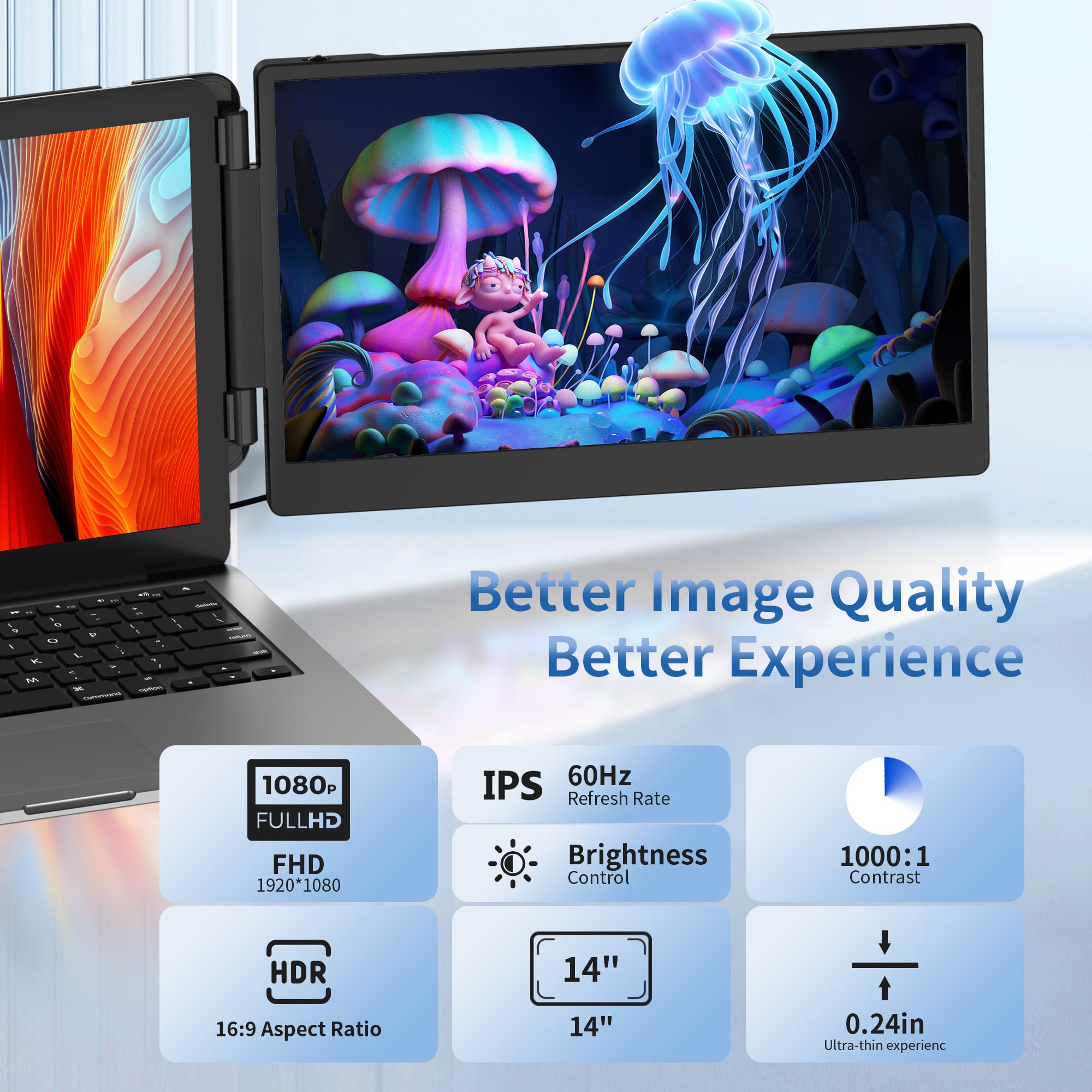 14" Laptop Screen Extender - Ultra Thin Portable Second Monitor FHD 1080P For Travel & Work