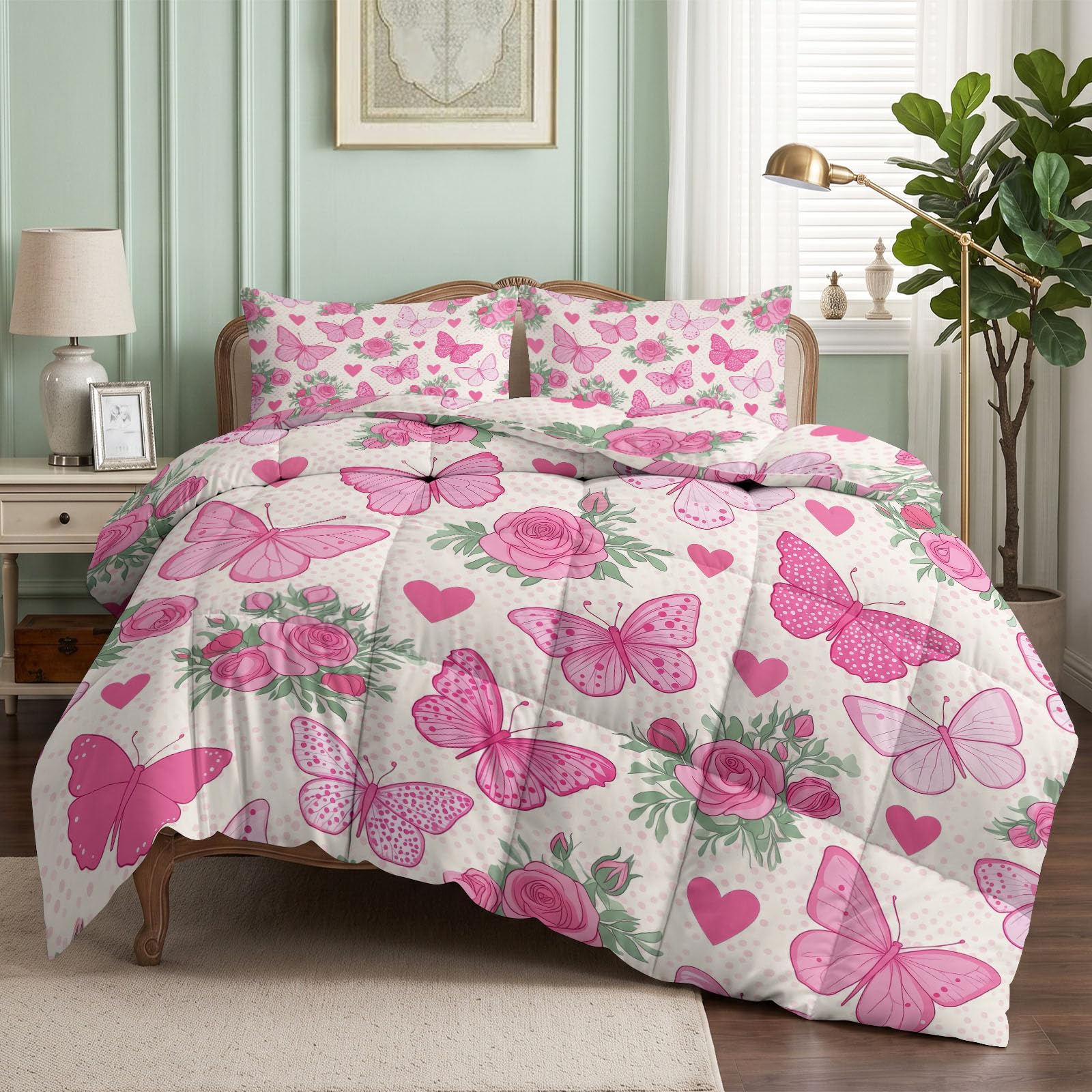 Edredón sin funda de 135 x 200 cm para las 4 estaciones, para niñas, con diseño de mariposas, insectos, corazón, reversible, lavable, para todo el año, romántico, estilo princesas, cuatro estaciones