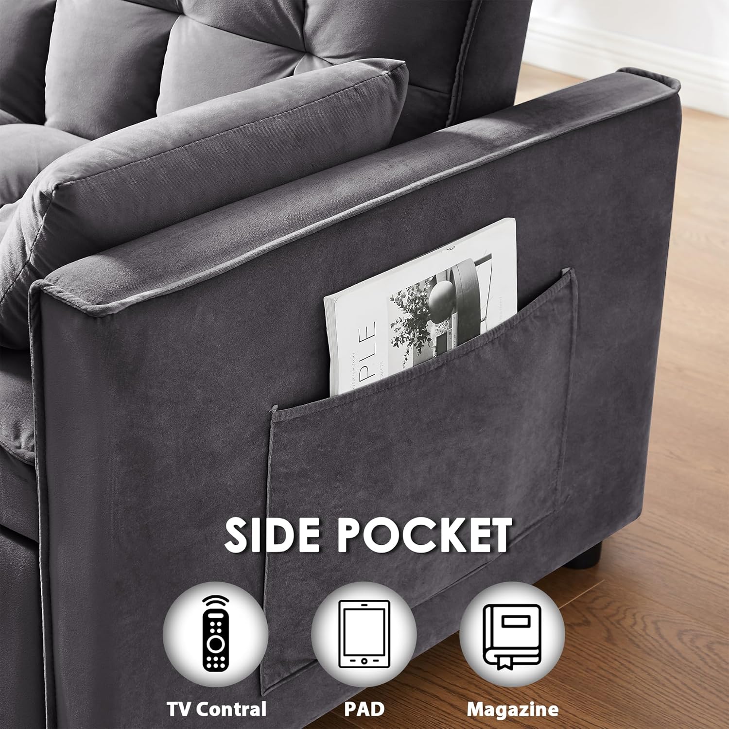 Sleeper Sofa Bed,55'' Convertible Pull Out Couch with Side Pockets,Velvet Fabric Loveseat Sleeper Sofa with Adjustable Backrest for Living Room,Apartment(Darkgrey)