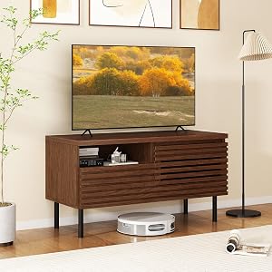 Giantex Mid Century Modern TV Stand for 40 Inch TV, Fluted Entertainment Center with Cabinet, Drawer, Open Compartment, Small Media Console Table w/Metal Legs, Storage Cabinet for Bedroom Living Room