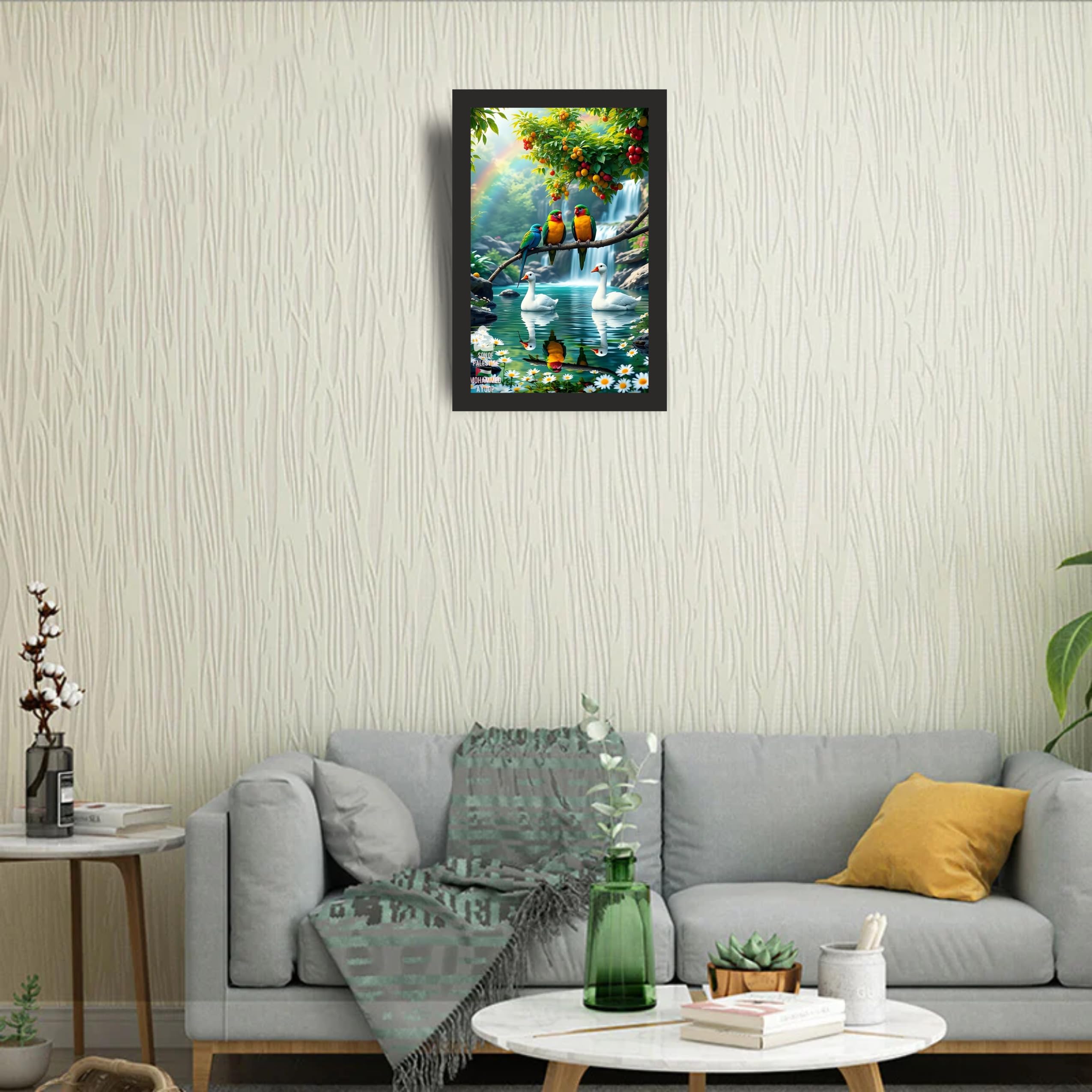 Colorful Birds and Swan Lake Wall Art Frame 12x18 Inch