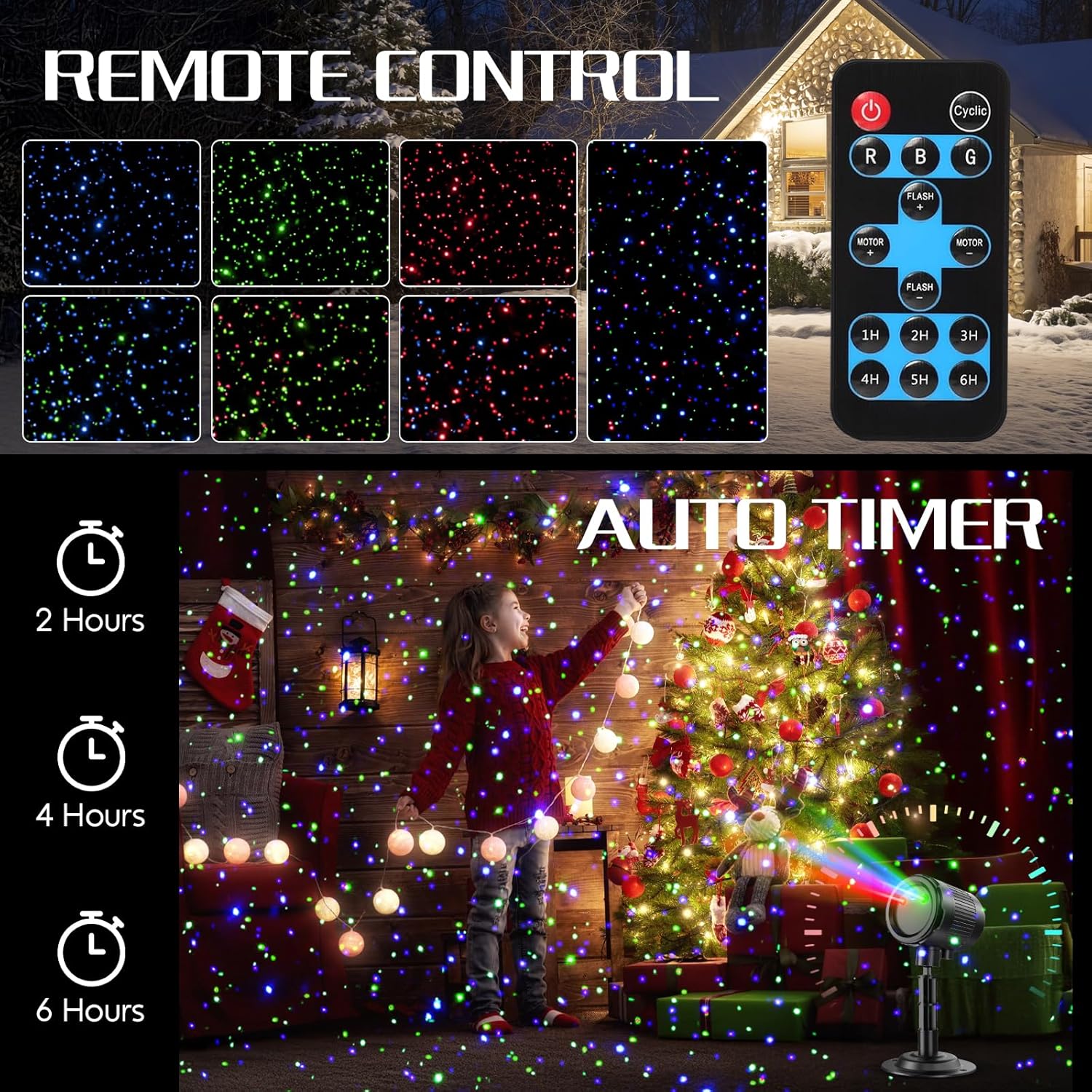 Christmas Projector Lights Outdoor, 3 Color Firefly Light Show, IP65 Waterproof Light Projector Outdoor with Remote Control and Timer, Indoor Projection Lights for House Garden Holiday Xmas Decor