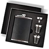 Hip Flask Gift Set, Hip Flasks for Liquor for Men with Black Leather Cover, 8 Oz Hip Flask Set, 18/8 Stainless Steel Hip Flasks for Liquor with 2 Cups & Funnel, Flasks for Liquor for Men Gift Box1