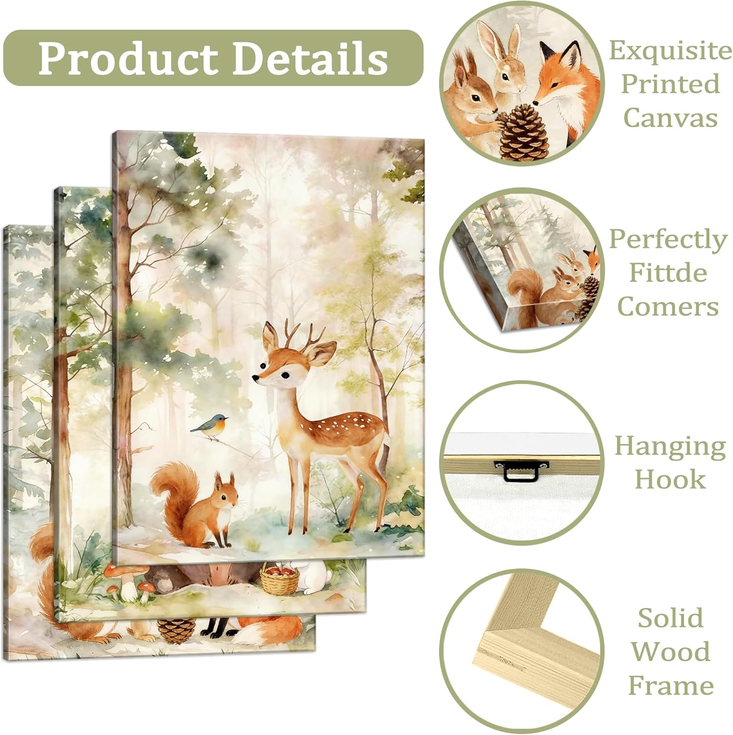 Woodland Animal Nursery Canvas Wall Art Set of 3, Squirrel Bear Deer Canvas Prints Watercolor Animals Paintings, Ready to Hang Baby Room Decor for Boys Girls Toddler Kids Bedroom Home Decoration