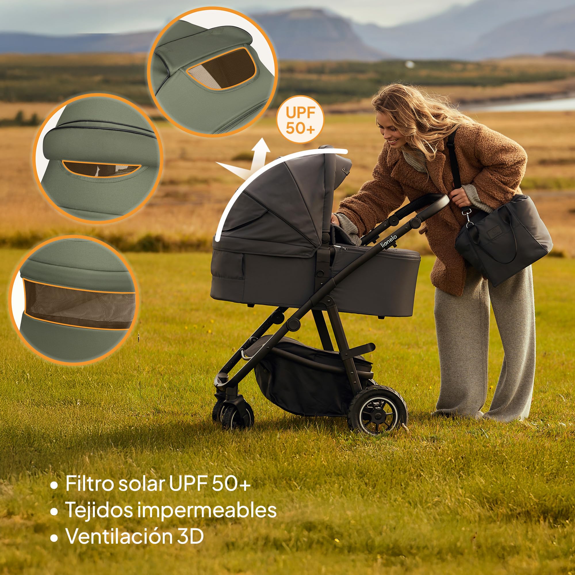 LIONELO AMBER PLUS 3 en 1 Carrito de bebe Multifuncional de 0 a 4 años hasta 22 kg con Capazo XL, Silla de coche hasta 13 kg, Respaldo Ajustable, Ruedas Grandes Todoterreno 360o Capota XXL