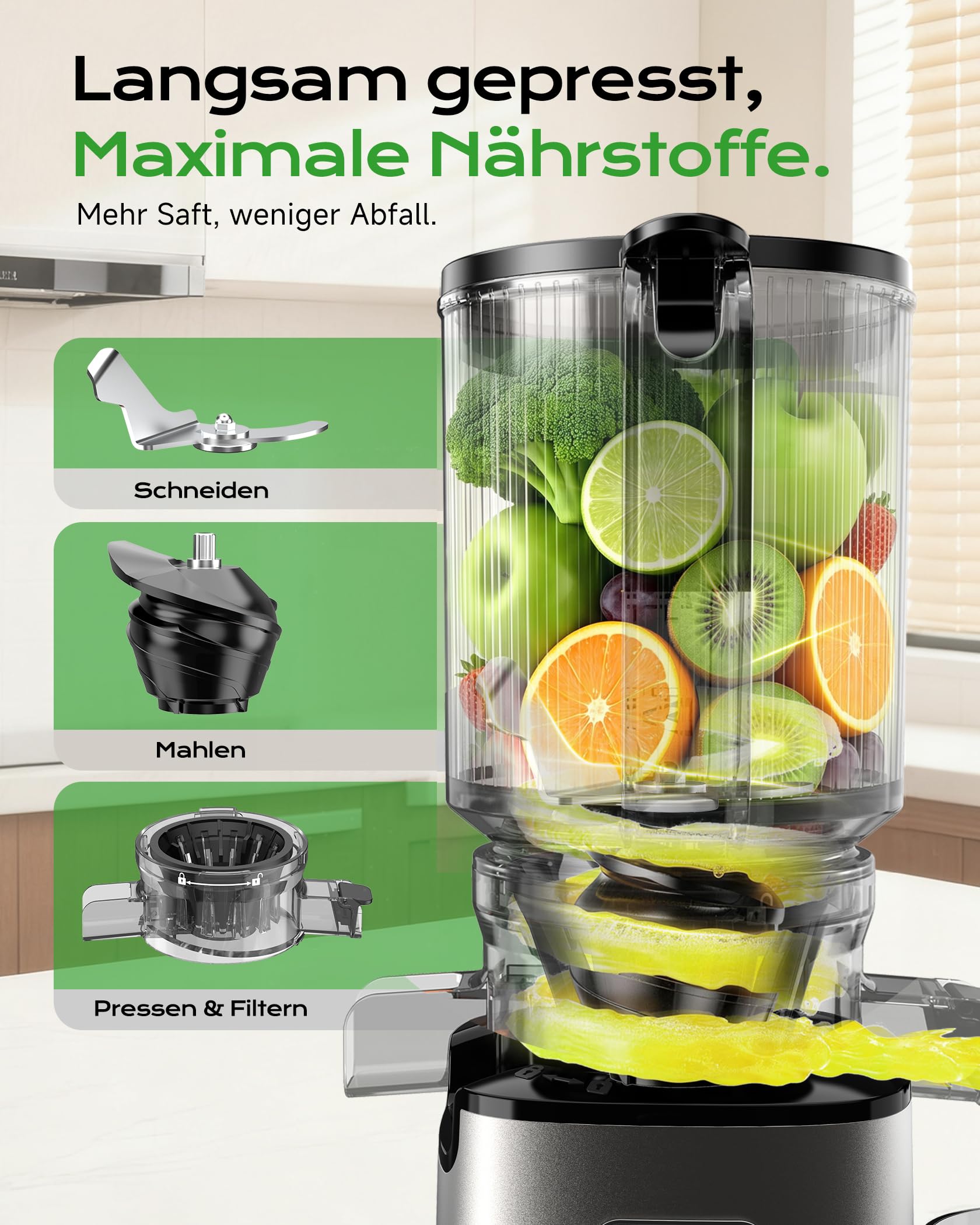 Entsafter Gemüse und Obst Testsieger, Slow Juicer mit 130 MM XL-Einfüllschacht, 600 mL Saftbehälter, Elektrische Juicer Machine für Familien, Gesundheitsbewusste