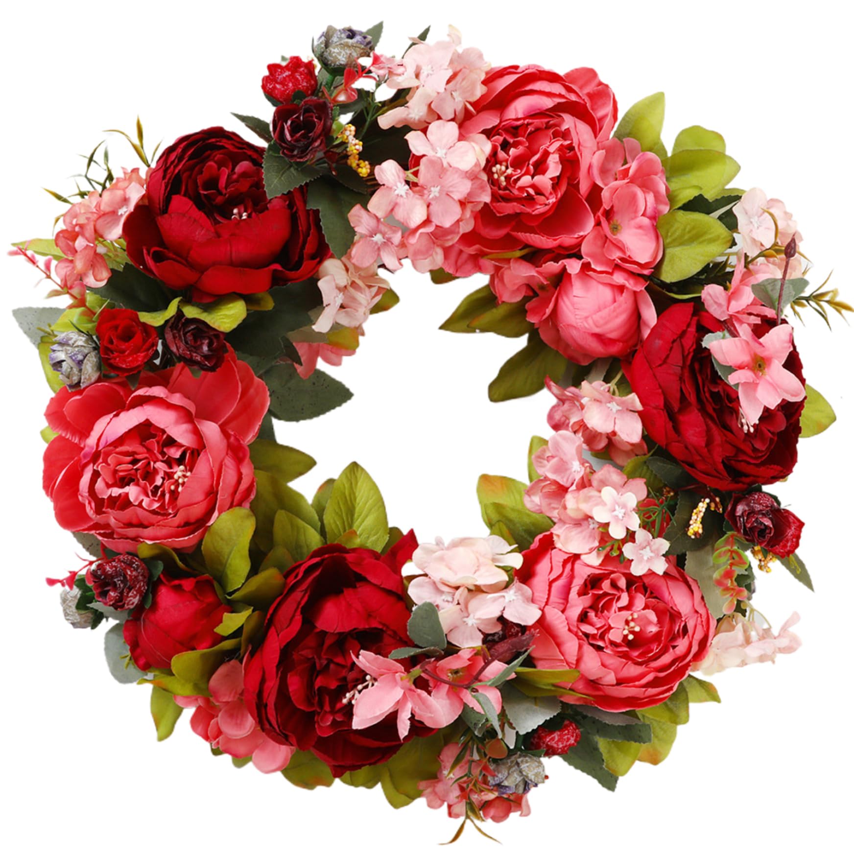 Hperu 16 Inch Artificial Peony Wreath, Realistic Spring Flower Wreath Blooming Silk Peonies Door Decorative Garland for Outdoor Wedding Wall Red