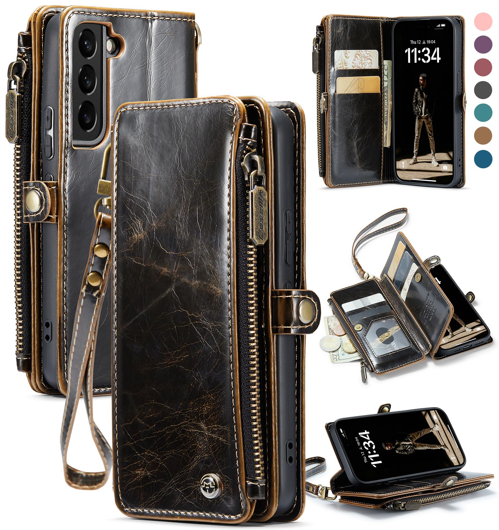 Defencase Compatible with Samsung Galaxy S22 5G Case Wallet with RFID Blocking Card Holder for Women Men, PU Leather Magnetic Snap Flip Zipper Strap