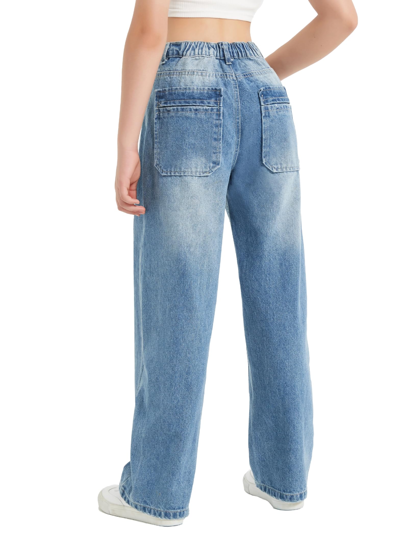 EXARUS Jeans da ragazza larghi gamba larga carino teen tween pantaloni lunghi in denim vestiti alti junior elastico tasche