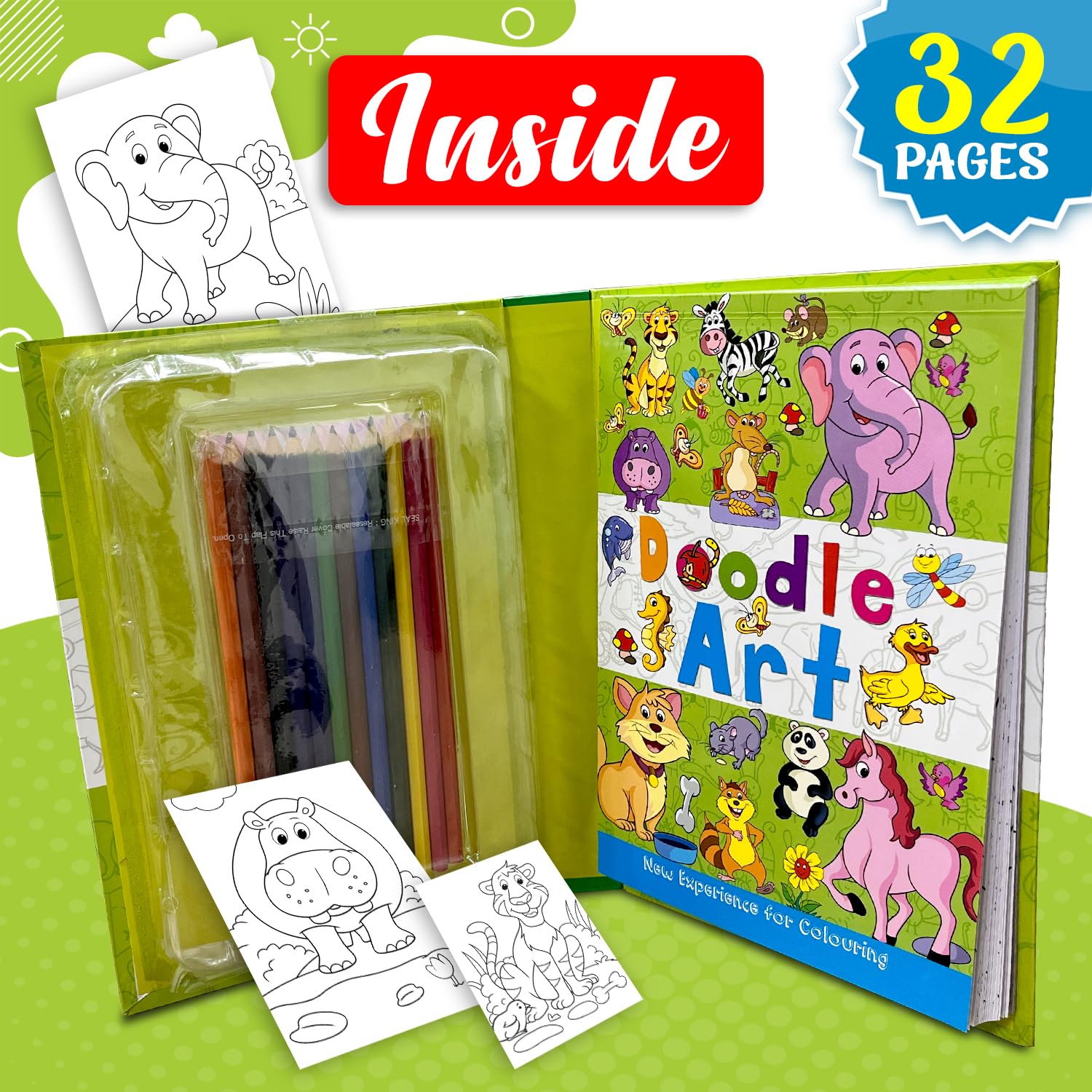 BRIJBASI Animal Colouring Art Book Kit for Kids, Childrens and Toddler Gifts with 32-Pages Coloring Activity Book, 12 Color Pencils Set - Ages 2+ Years
