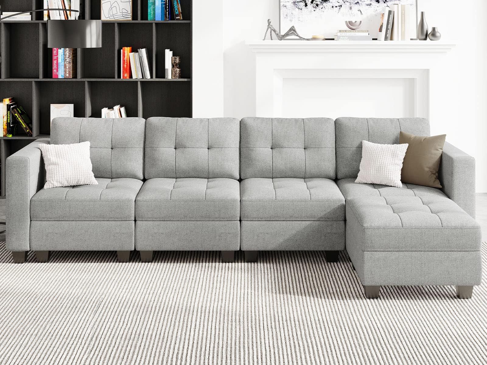 Belffin Light Grey L Shape 5-Seat Modular Sectional Sofa with Storage, Reversible Chaise, Adjustable Backrest, Cotton & Polyester
