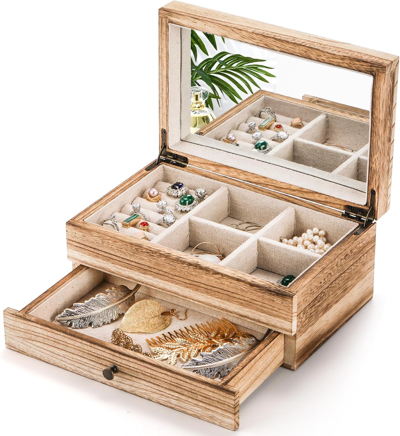 Tebery Caja Organizadora de Joyas de Madera Rústica con Espejo para Mujeres y Niñas, Caja de Almacenamiento de Joyas Vintage de 2 Capas con Bandeja para Anillos, Collares, Aretes, Pulseras (Madera