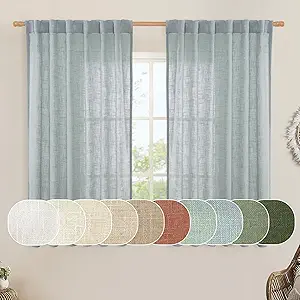 LAMIT Semi Sheer Linen Curtains 54 Inch Length 2 Panels, Greyish Blue Light Filtering Panels Back Tab and Rod Pocket Neutral Drapes for Kitchen/Window/Dining Room, 52 x 54 Inch
