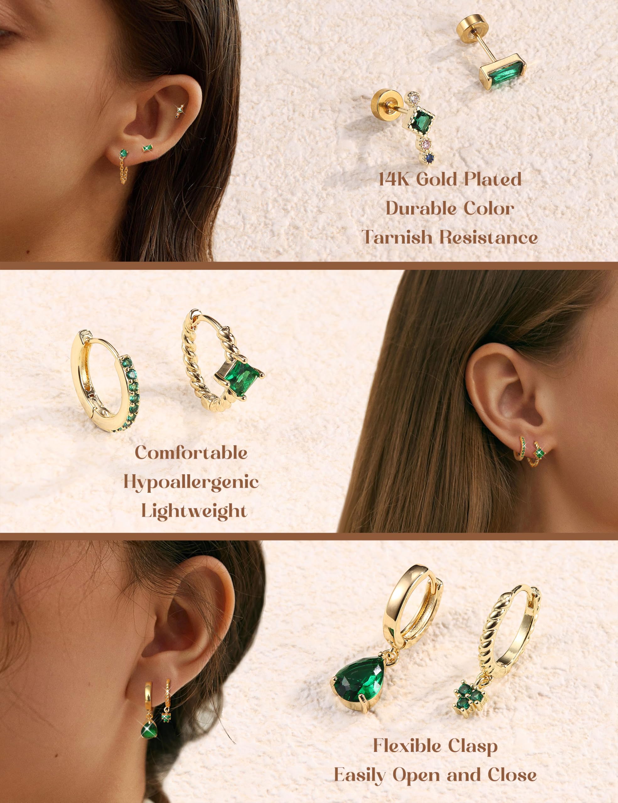 13 szt. Zestaw złotych kolczyków do wielu kolczyków dla kobiet Płaski tył Pozłacane 14K srebrnym chrząstki Helix Mały wkręt Hoop Huggie Zielone kolczyki CZ ze stali nierdzewnej