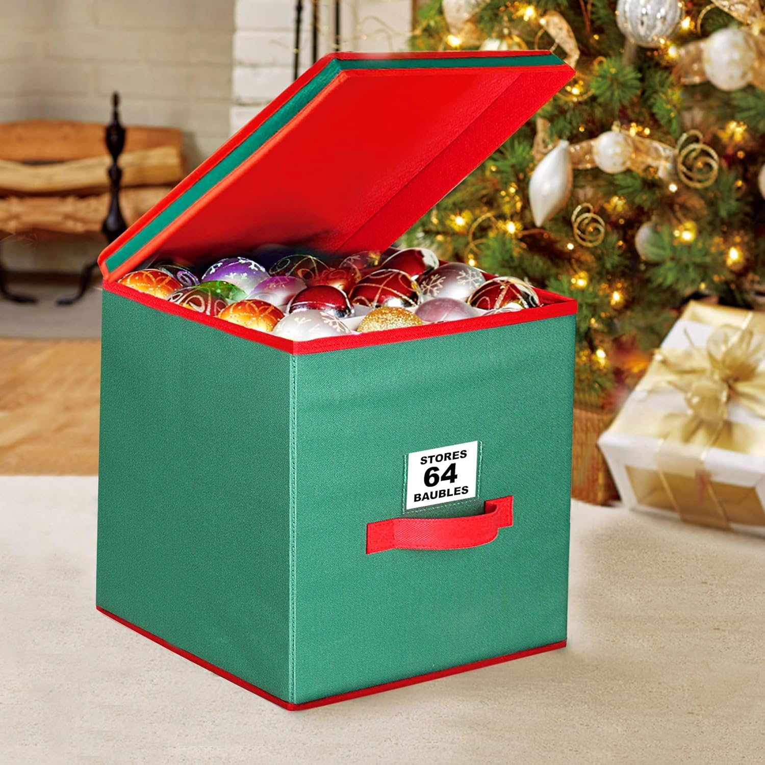ADEPTNA Premium Christmas tree Bauble Decoration Storage Box – Xmas Holiday Decorations Ornament Storage Case with Lid and Handle - Space Saving Collapsible Design (64 BAUBLES STORES)