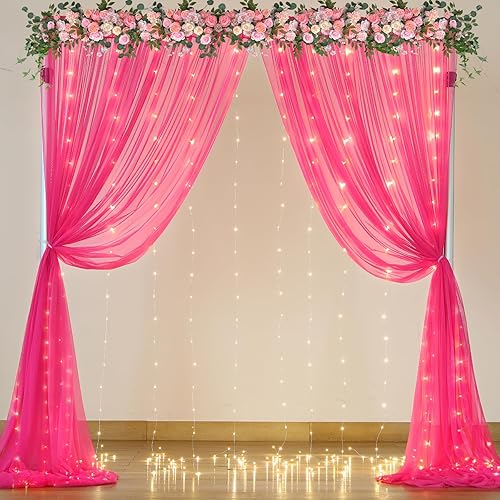 Miniatura 10 de Cortinas de telón de fondo de tul transparente azul bebé con tira de luces para decoración de paritos de baby shower para niños, despedida de