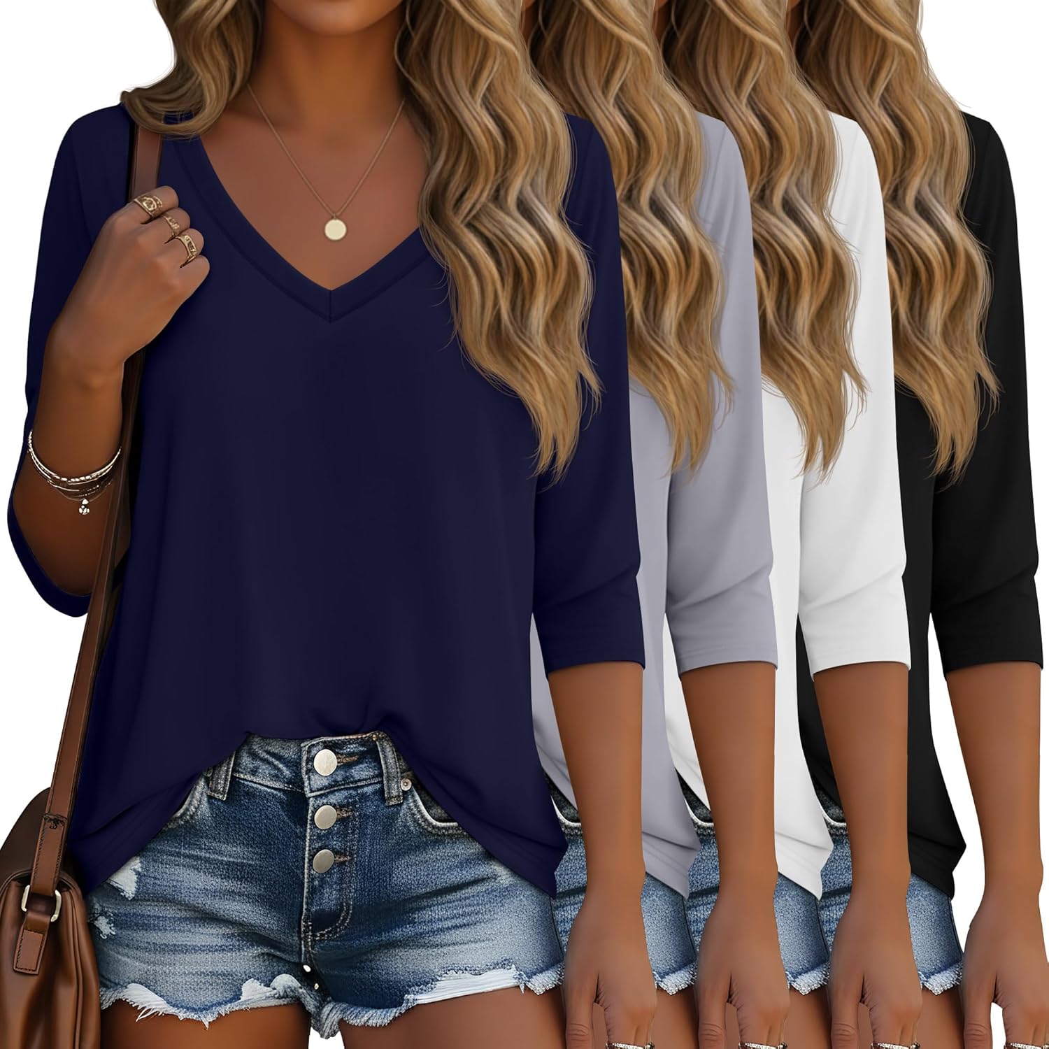 Ficerd 4 Pack Women's 3/4 Sleeve T Shirts, V Neck Casual Tunic Tops Loose Fit Cotton Basic Shirts Solid Color Fashion Tees