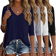 4 Pack Women's 3/4 Sleeve T Shirts, V Neck Casual Tunic Tops Loose Fit Cotton Basic Shirts Solid Color Fashion Tees