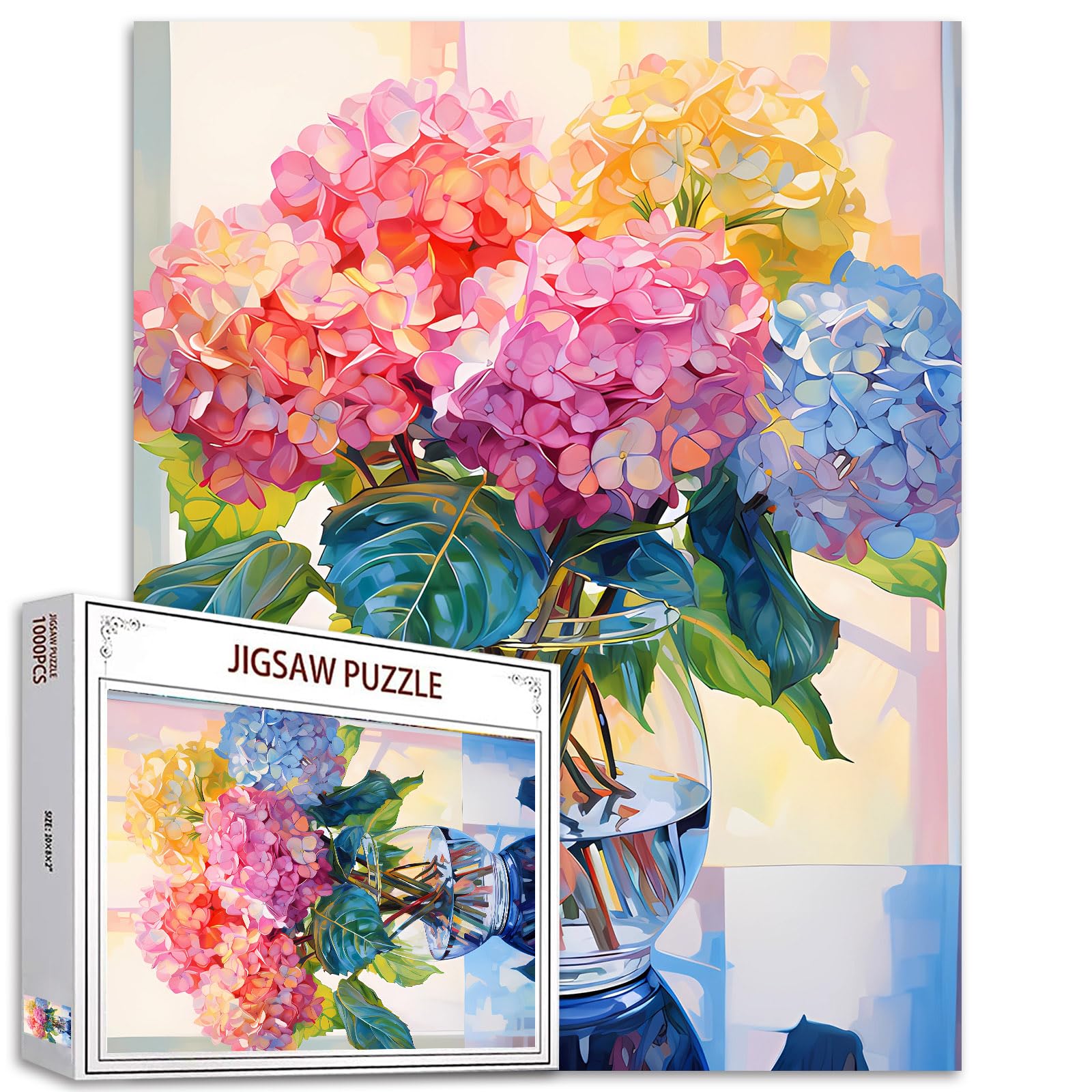 Tucocoo Hydrangea in Glass Vase Jigsaw Puzzles for Adults 1000 Pieces, Blossom Flowers Art Puzzle 27 x 20 inch Colorful DIY Puzzles for Home Decoration Gifts, Family Puzzle Perfect for Game Nights