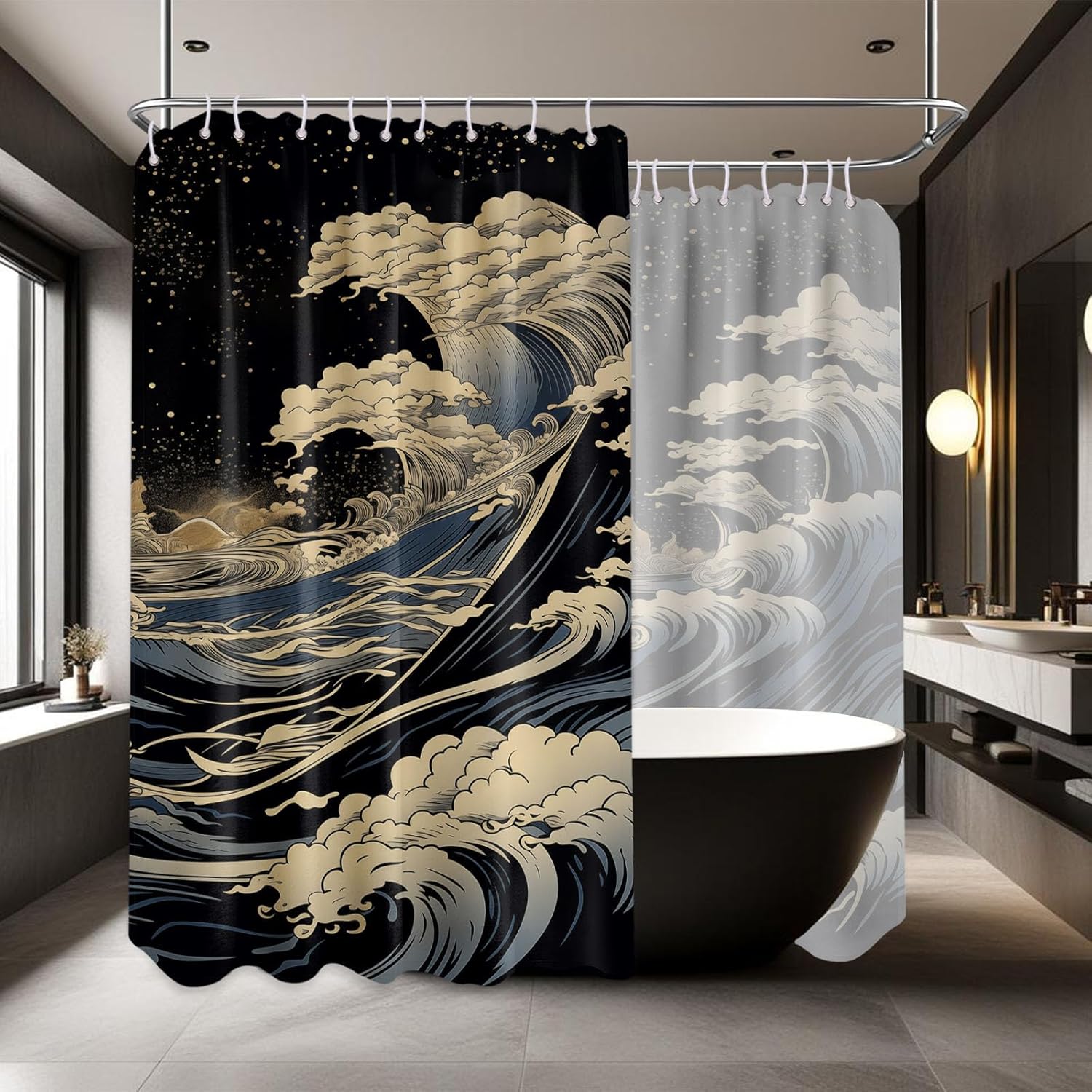 Anime Shower Curtain, Extra Wide Shower Curtain for Clawfoot Tub, 108" W X 72" L, Japanese Great Waves Oriental Asian Style Bathroom Decor, Waterproof Cloth Fabric with Hooks