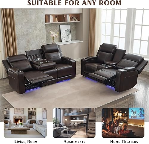 Miniatura 6 de Juego de sofá reclinable eléctrico con reposacabezas, asientos de cine en casa con luz LED, almacenamiento de reposabrazos, USB y tipo C, sofá
