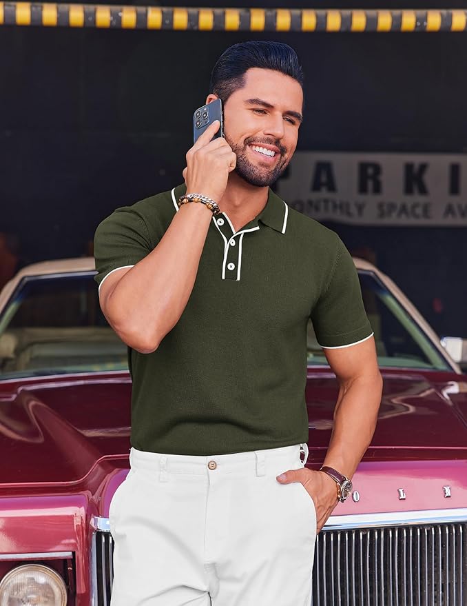 COOFANDY Mens Knit Polo Shirts Short Sleeve Vintage Stretch Polo T Shirts Casual Summer Golf Shirts
