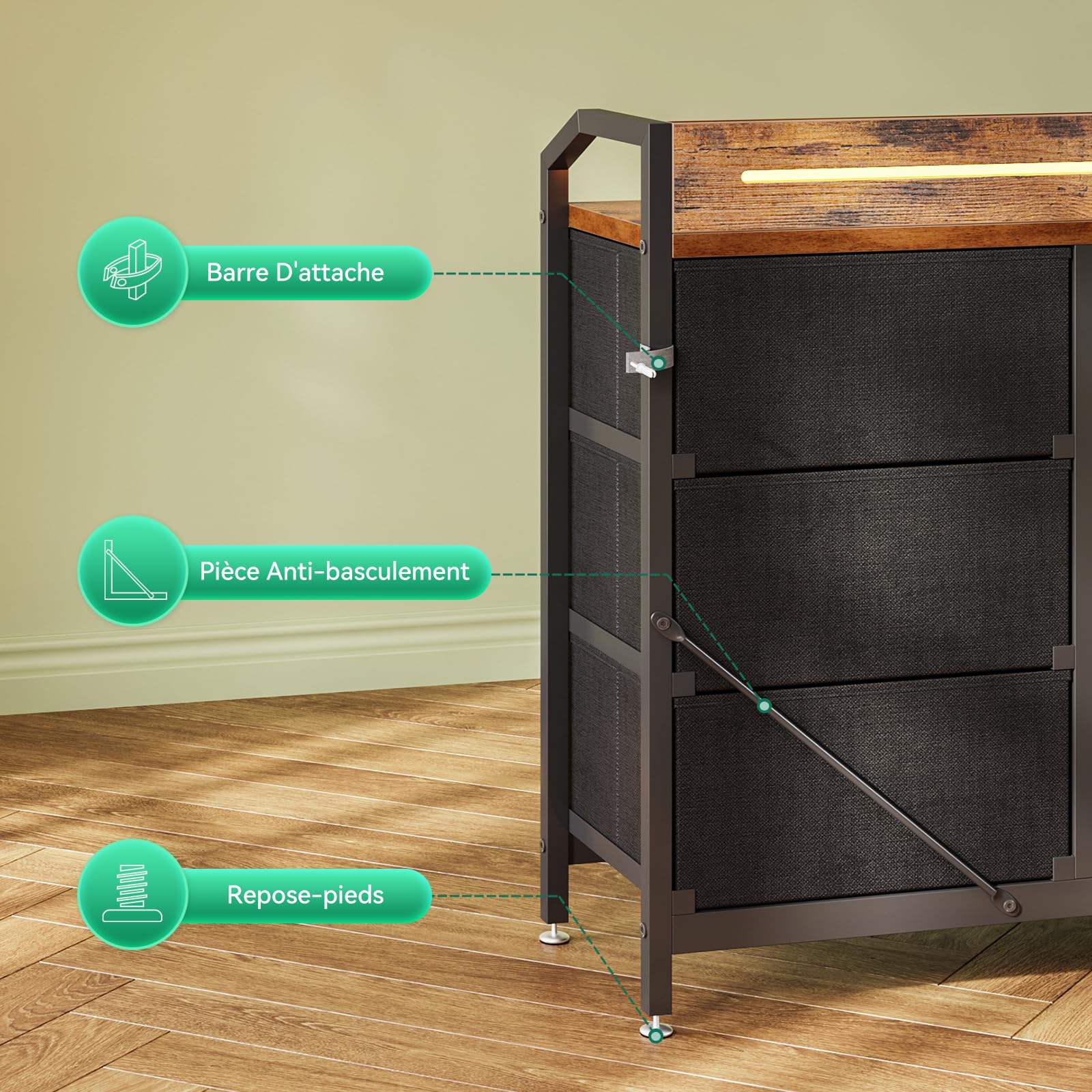 ODK Commode Chambre Adulte, avec Bandes LED Réglables en 10 Couleurs, 2 Prises USB et 2 Prises Secteur, 8 Grands Tiroirs en Tissu, Commode Rangement 110 x 30 x 88 cm, Couleur Vintage