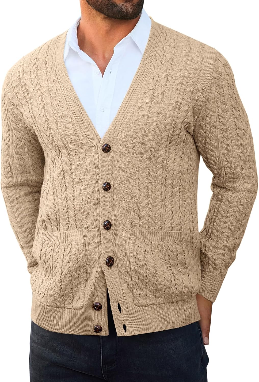 Runcati Mens Cardigan Sweater Casual Cable Knitted V Neck Button Down Winter Sweaters