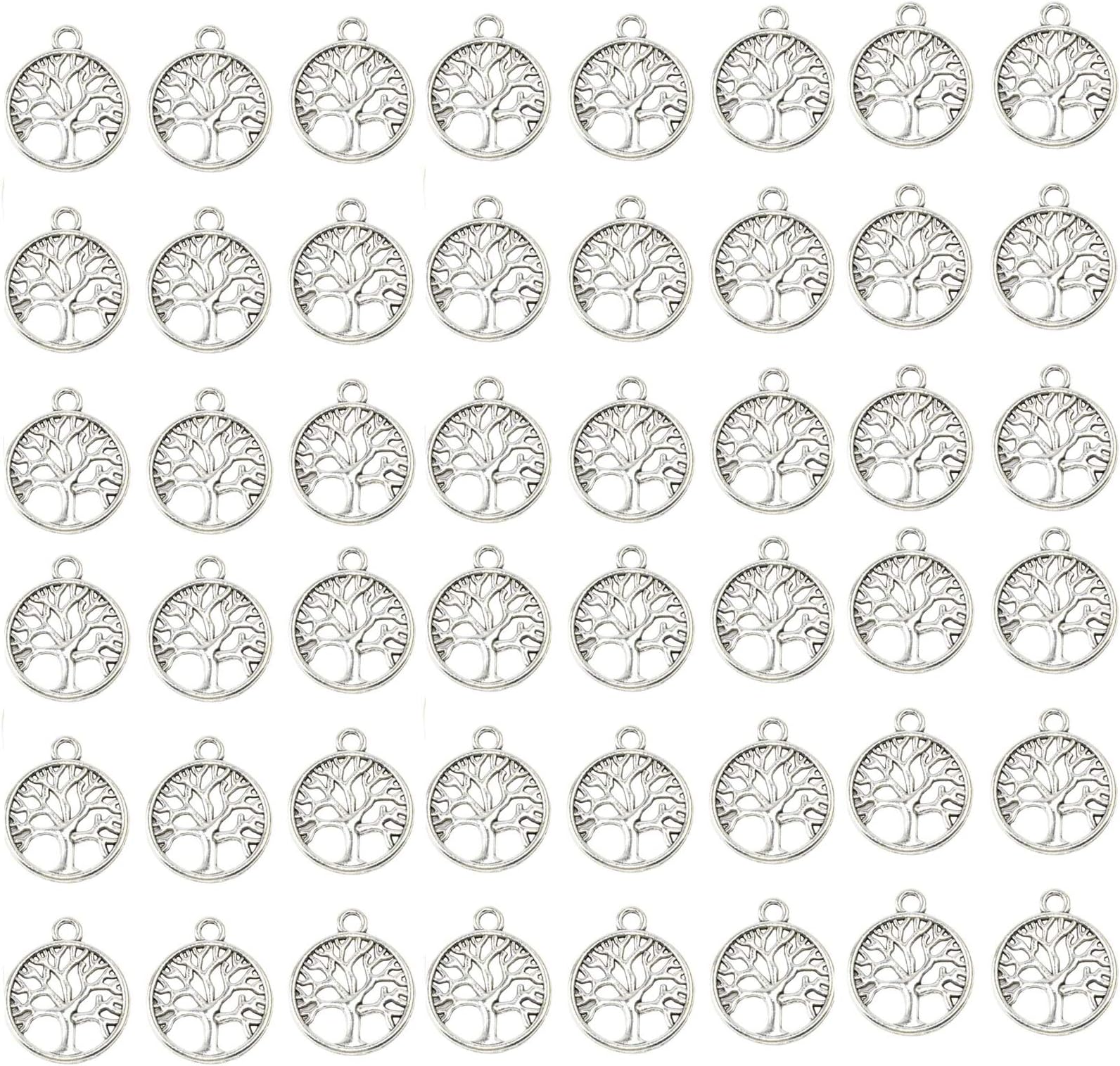 YYaaloa Pack of 50 Tibetan Tree of Life Charms; Silver, Mixed Smooth Metal Charms for DIY Jewelry Making